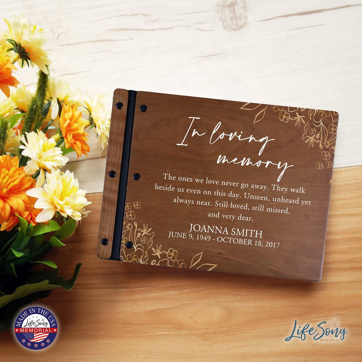 Custom Large Wooden Memorial Guestbook 13.375x10in - In Loving Memory (Cherry) - LifeSong Milestones