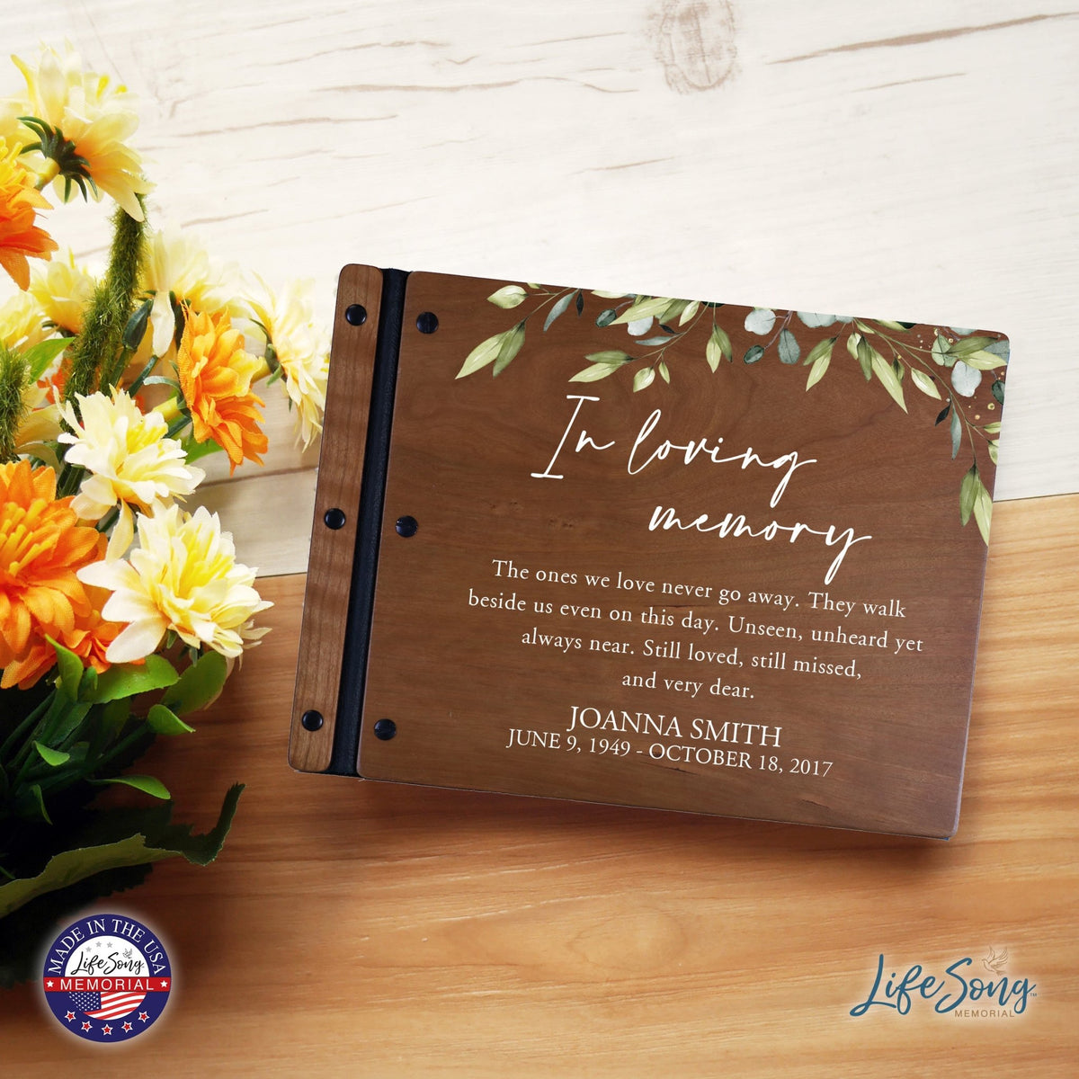 Custom Large Wooden Memorial Guestbook 13.375x10in - In Loving Memory (Cherry) - LifeSong Milestones
