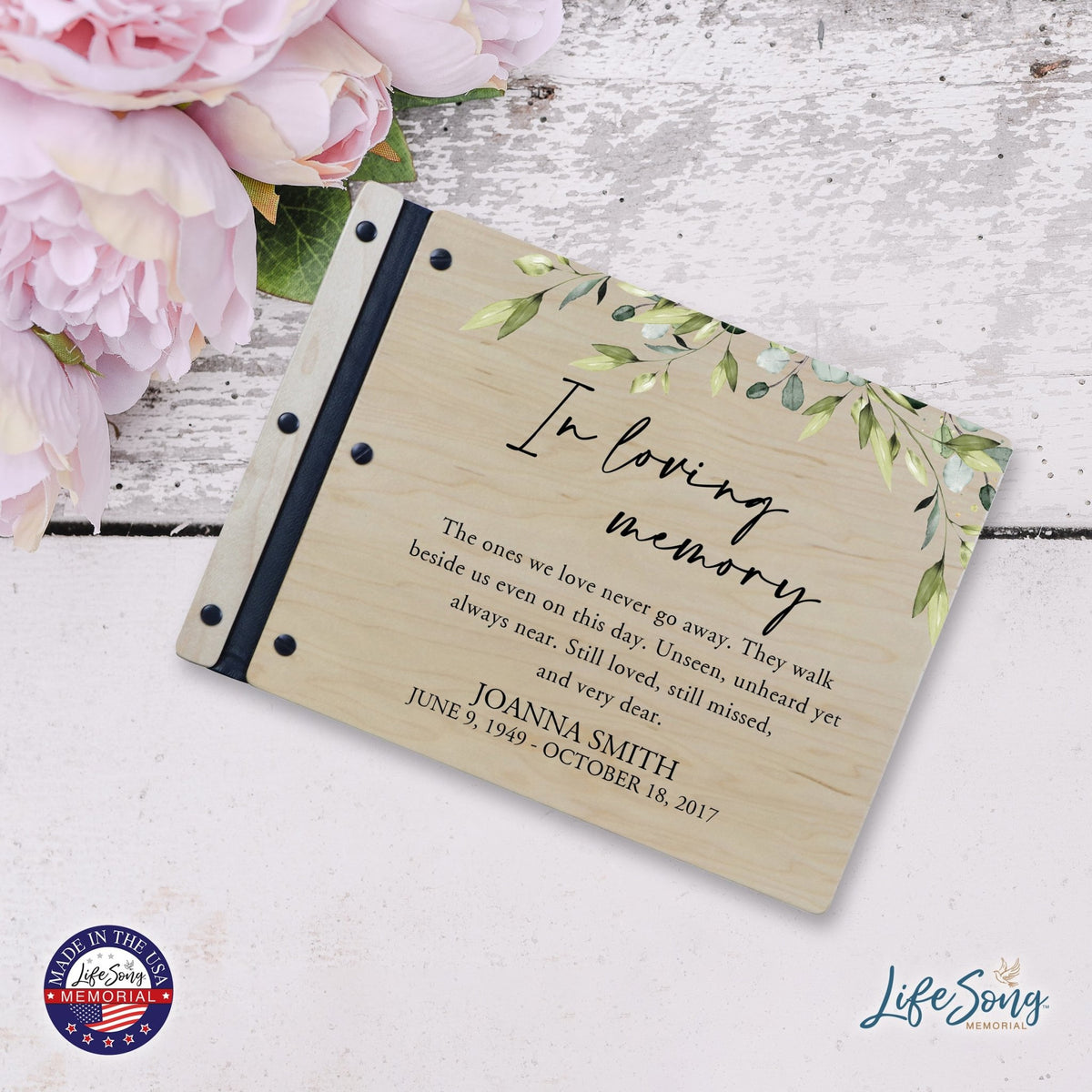 Custom Large Wooden Memorial Guestbook 13.375x10in - In Loving Memory (Leaves) - LifeSong Milestones