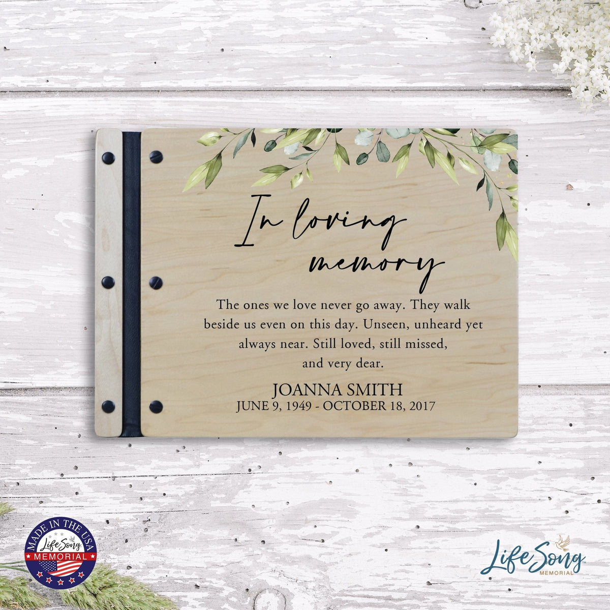 Custom Large Wooden Memorial Guestbook 13.375x10in - In Loving Memory (Leaves) - LifeSong Milestones