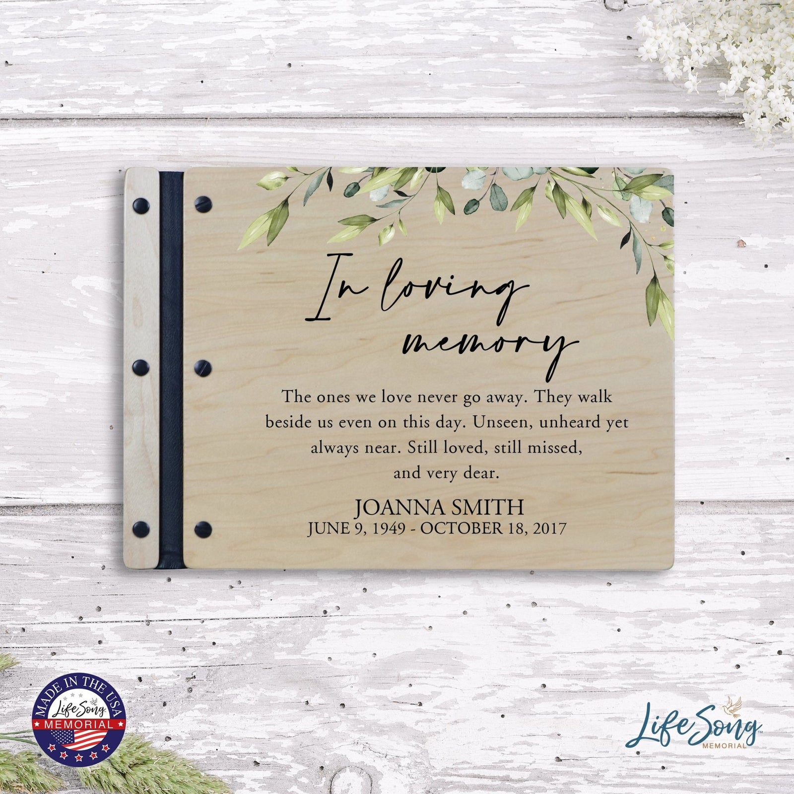 Custom Large Wooden Memorial Guestbook 13.375x10in - In Loving Memory (Leaves) - LifeSong Milestones