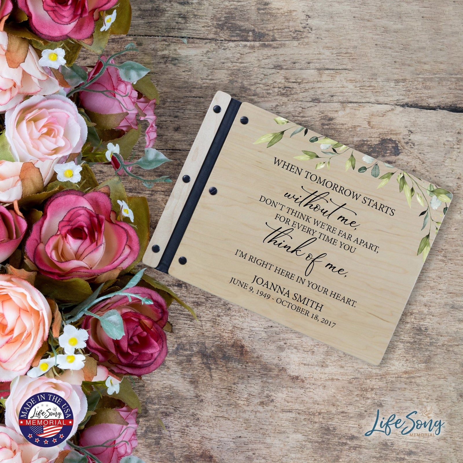 Custom Large Wooden Memorial Guestbook 13.375x10in - When Tomorrow Starts - LifeSong Milestones