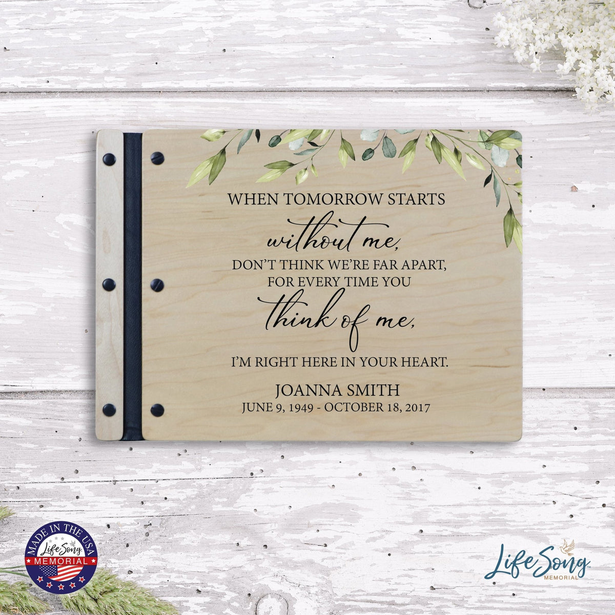Custom Large Wooden Memorial Guestbook 13.375x10in - When Tomorrow Starts - LifeSong Milestones