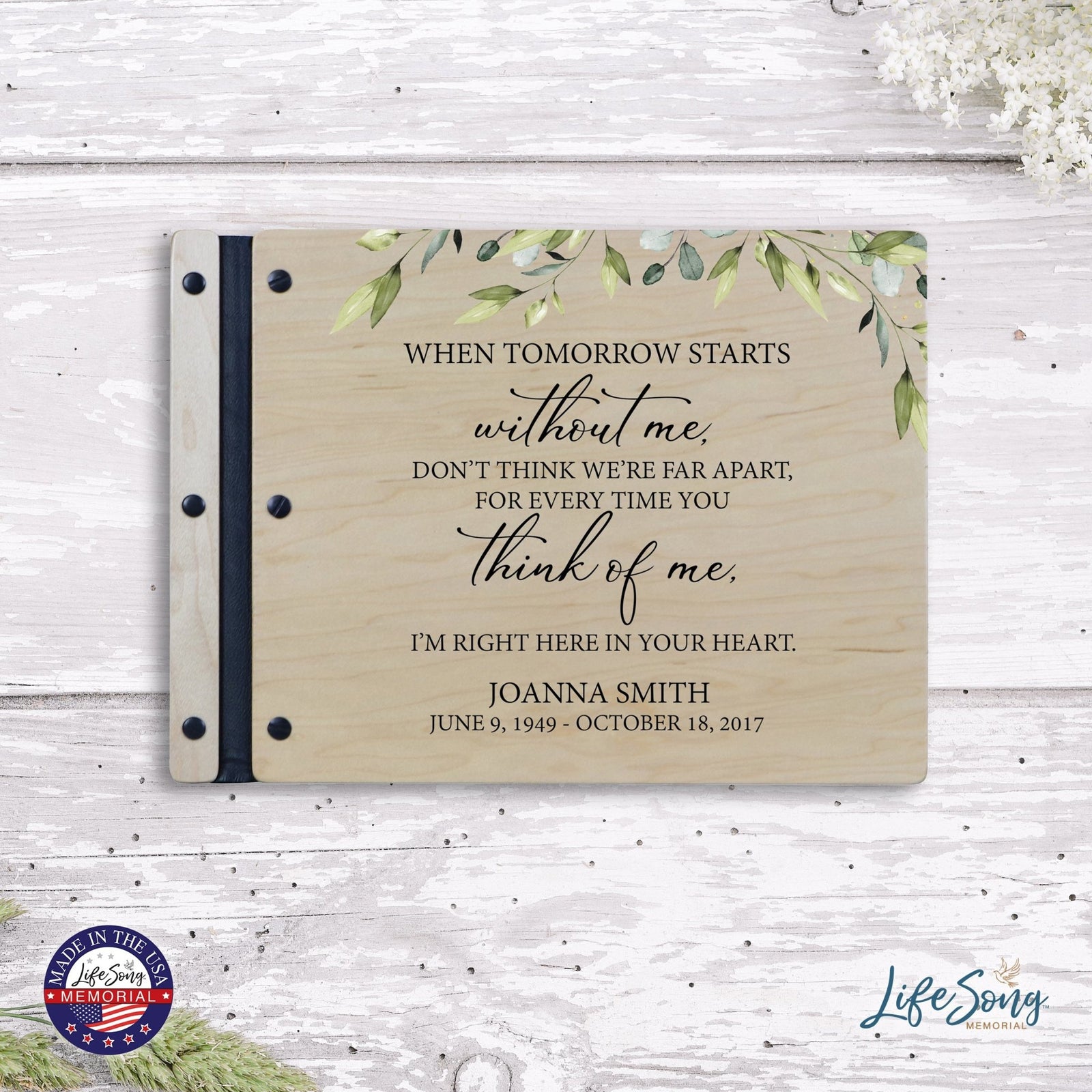 Custom Large Wooden Memorial Guestbook 13.375x10in - When Tomorrow Starts - LifeSong Milestones