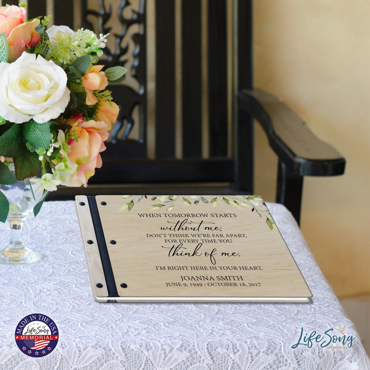 Custom Large Wooden Memorial Guestbook 13.375x10in - When Tomorrow Starts - LifeSong Milestones