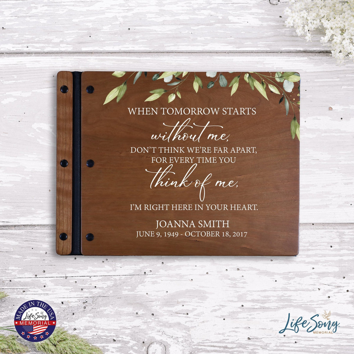 Custom Large Wooden Memorial Guestbook 13.375x10in - When Tomorrow Starts - LifeSong Milestones