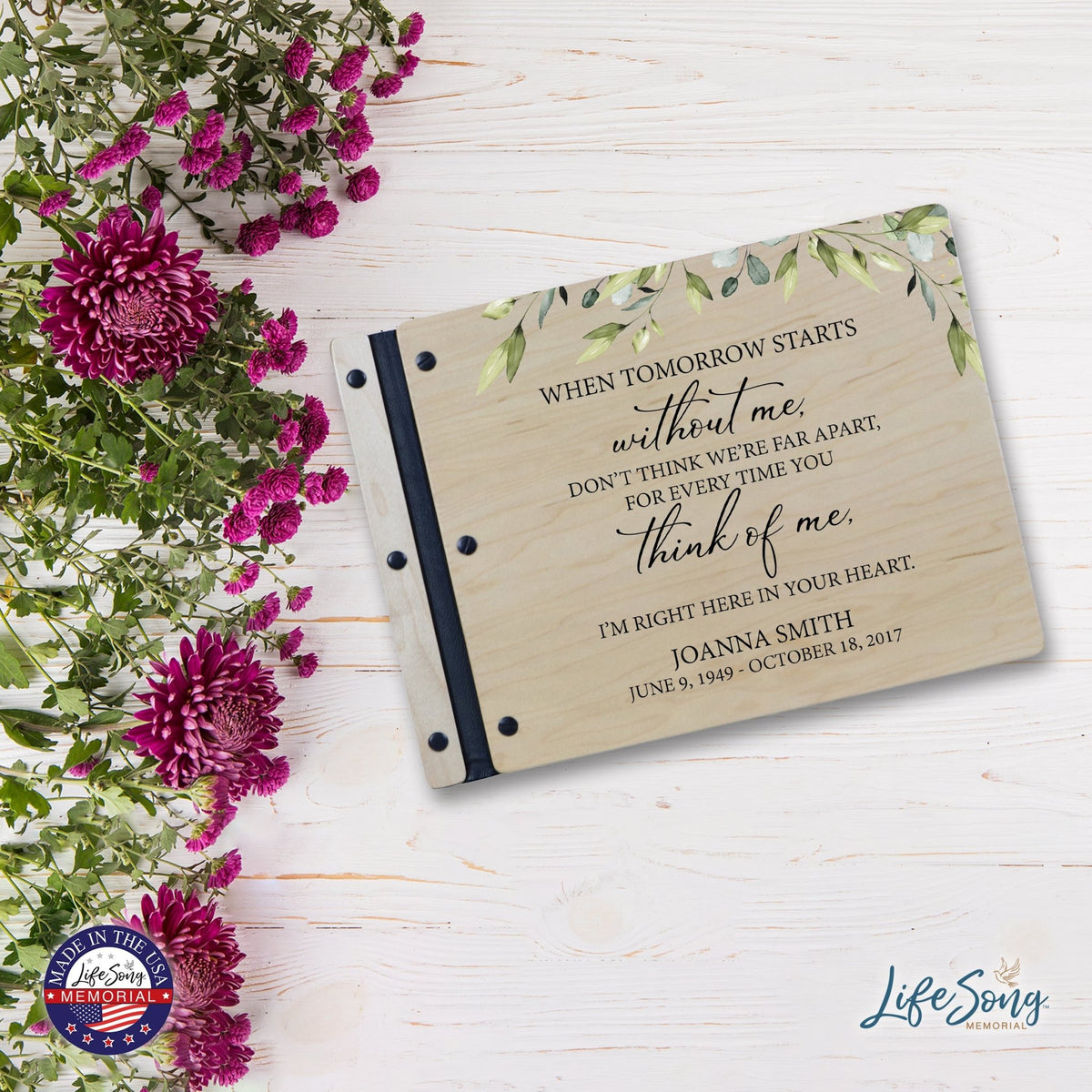 Custom Large Wooden Memorial Guestbook 13.375x10in - When Tomorrow Starts - LifeSong Milestones