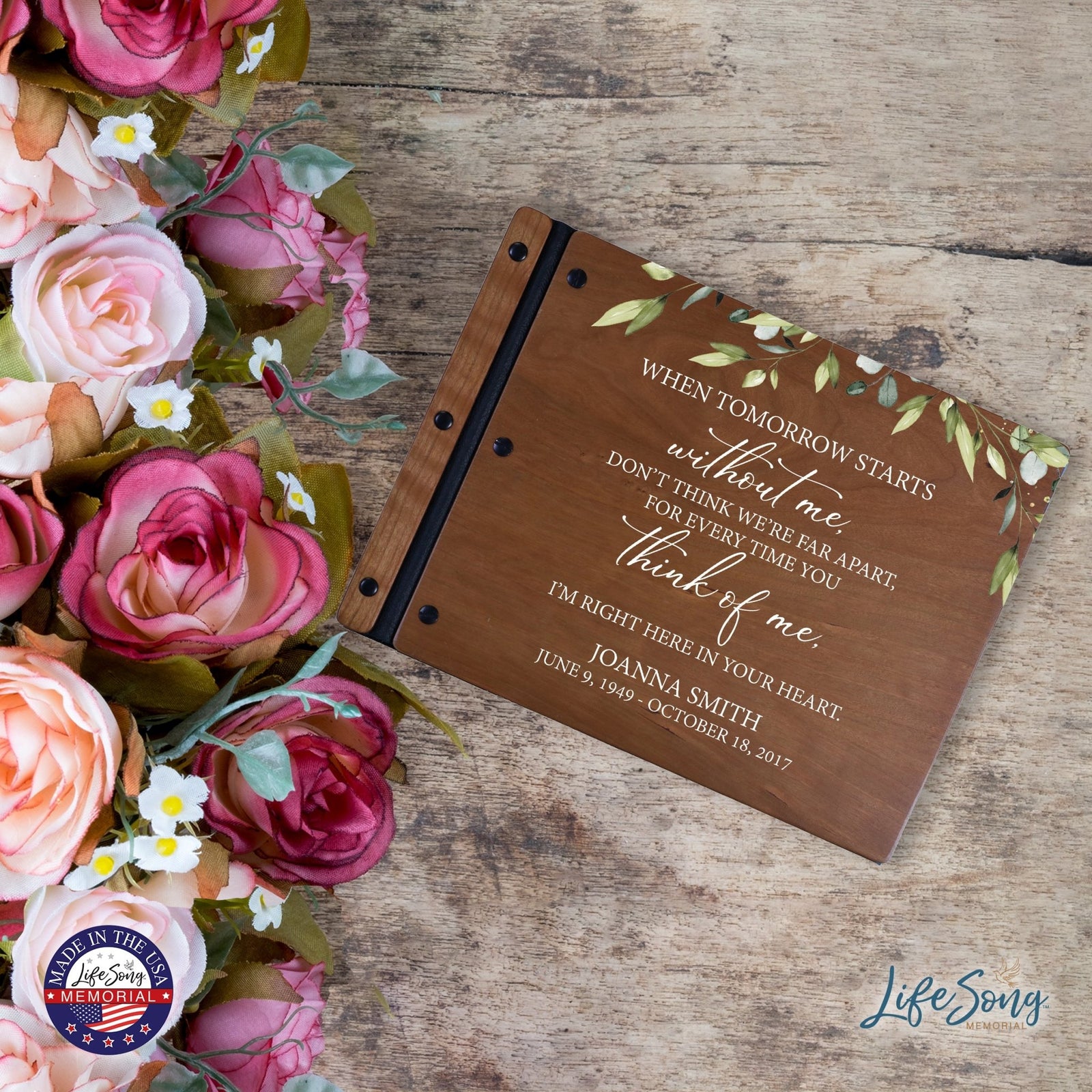 Custom Large Wooden Memorial Guestbook 13.375x10in - When Tomorrow Starts - LifeSong Milestones