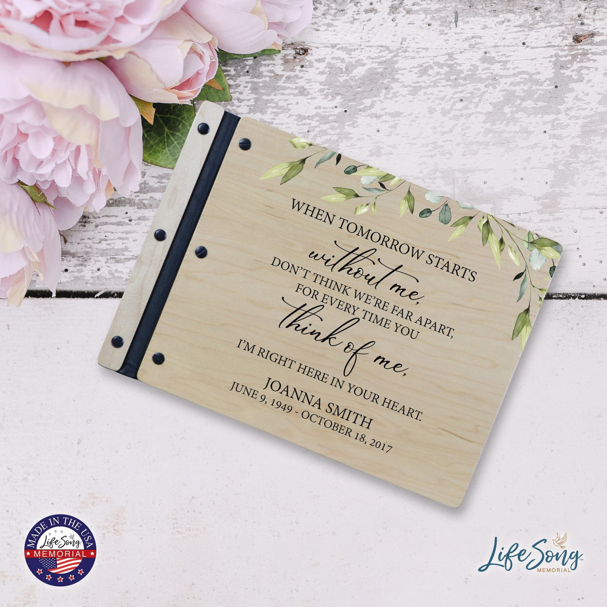 Custom Large Wooden Memorial Guestbook 13.375x10in - When Tomorrow Starts - LifeSong Milestones