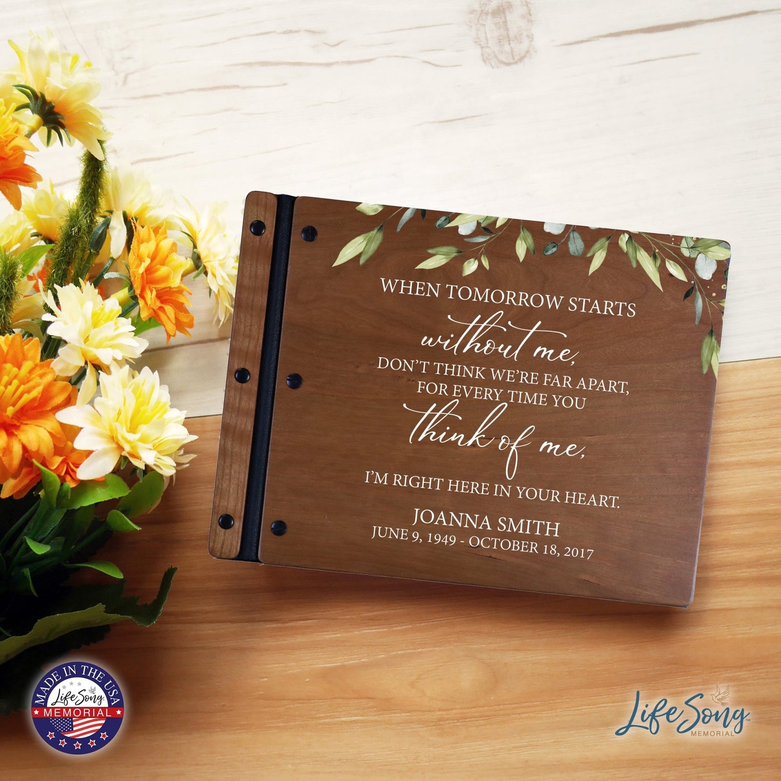 Custom Large Wooden Memorial Guestbook 13.375x10in - When Tomorrow Starts - LifeSong Milestones