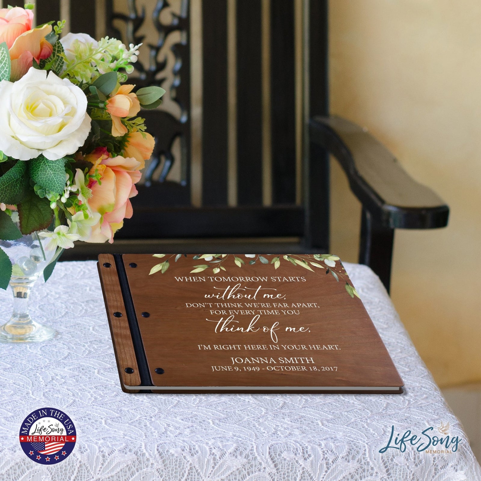 Custom Large Wooden Memorial Guestbook 13.375x10in - When Tomorrow Starts - LifeSong Milestones