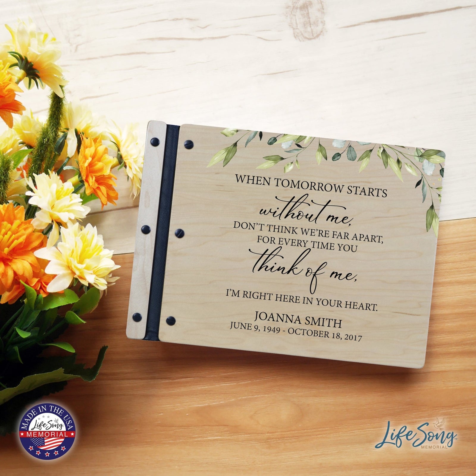 Custom Large Wooden Memorial Guestbook 13.375x10in - When Tomorrow Starts - LifeSong Milestones