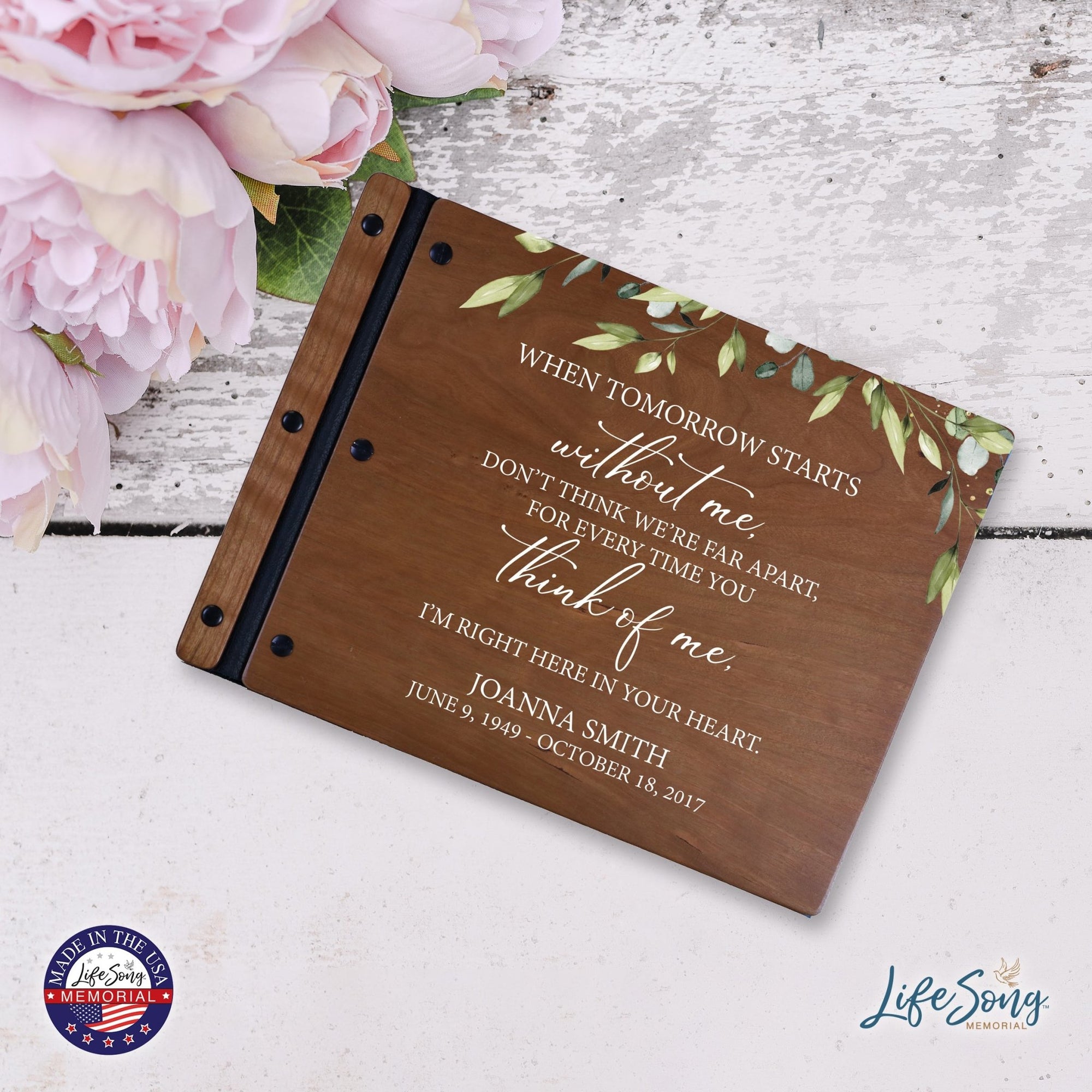 Custom Large Wooden Memorial Guestbook 13.375x10in - When Tomorrow Starts - LifeSong Milestones