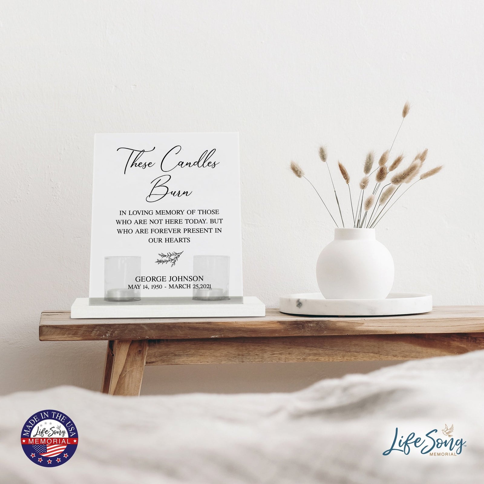 Custom Memorial 8x10 Acrylic Wall Sign with Wooden Base Votive Candle Holder - The Candle Burns - LifeSong Milestones