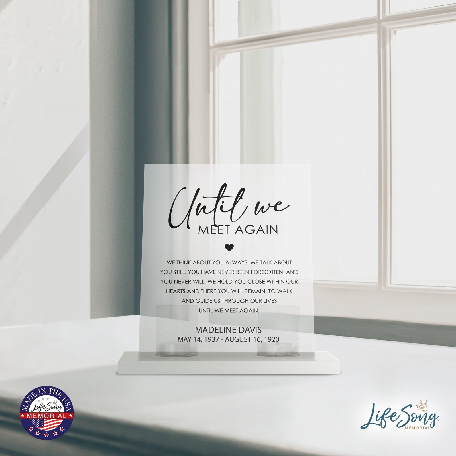 Custom Memorial 8x10 Acrylic Wall Sign with Wooden Base Votive Candle Holder - Until We Meet Again - LifeSong Milestones