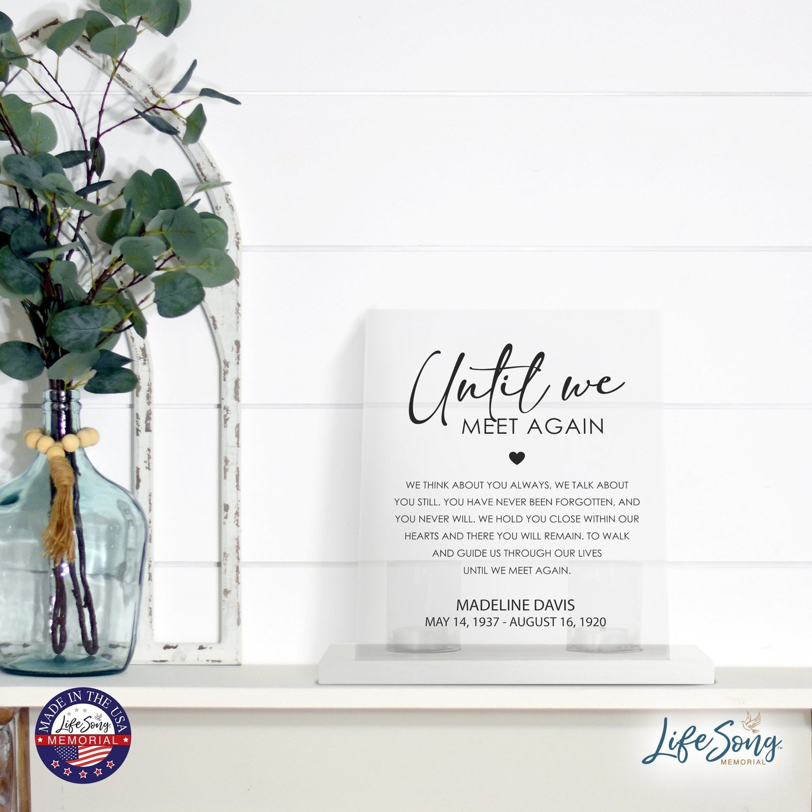 Custom Memorial 8x10 Acrylic Wall Sign with Wooden Base Votive Candle Holder - Until We Meet Again - LifeSong Milestones