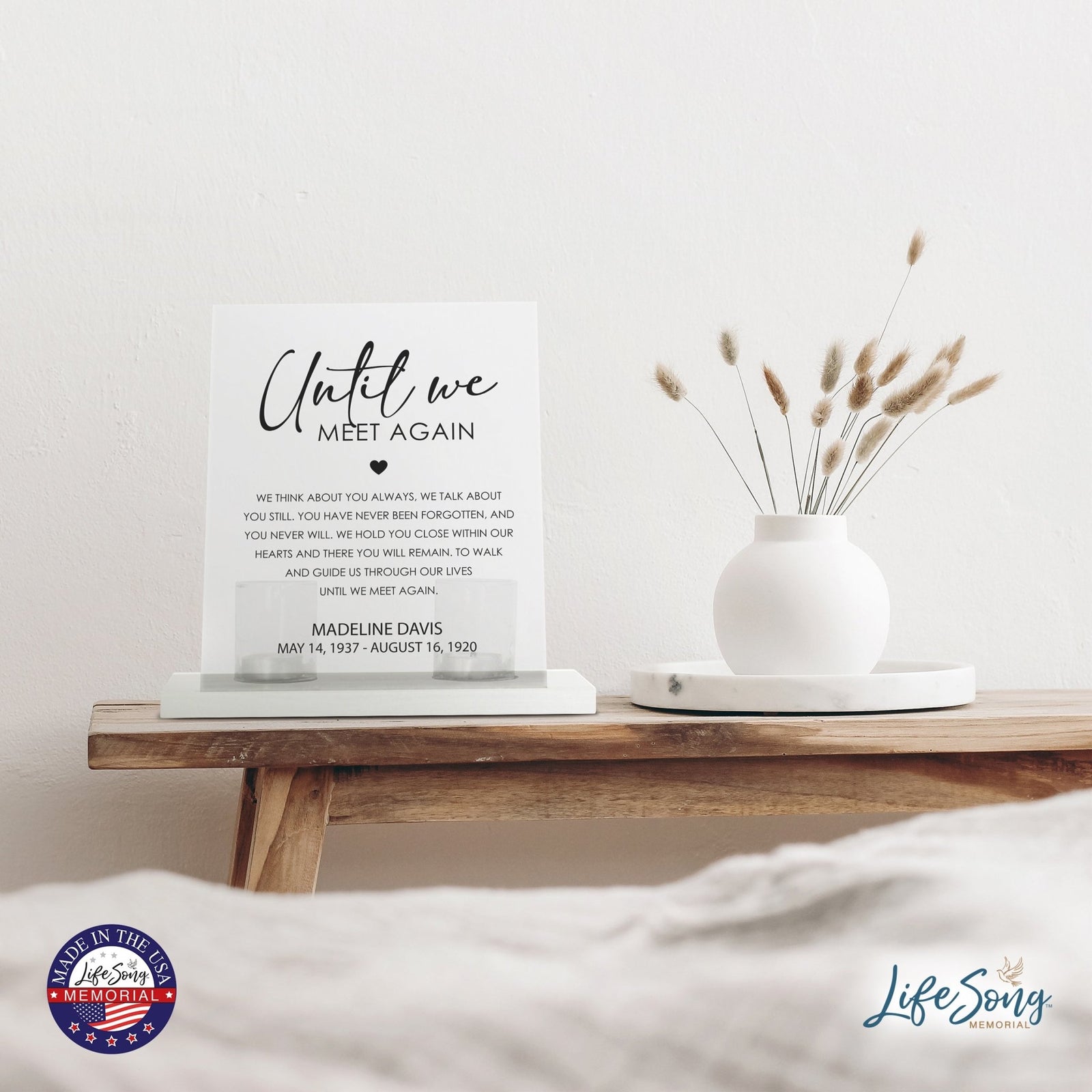 Custom Memorial 8x10 Acrylic Wall Sign with Wooden Base Votive Candle Holder - Until We Meet Again - LifeSong Milestones