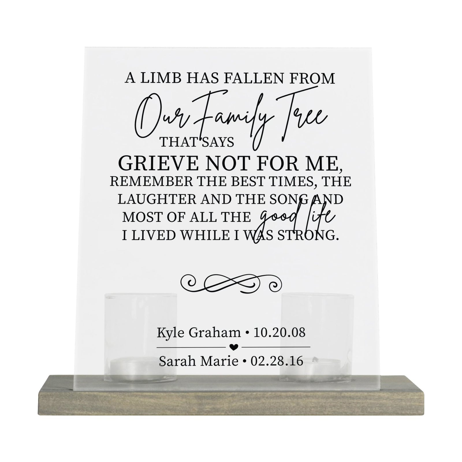 Custom Memorial 8x10 Frosted Acrylic Wall Sign with Grey Wooden Base - A Limb Has Fallen - LifeSong Milestones