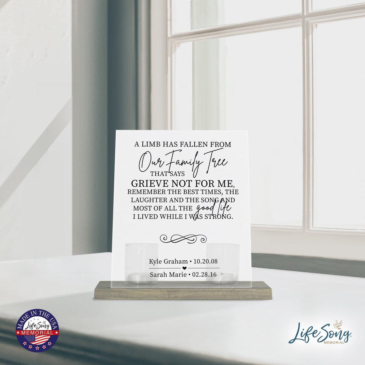 Custom Memorial 8x10 Frosted Acrylic Wall Sign with Grey Wooden Base - A Limb Has Fallen - LifeSong Milestones