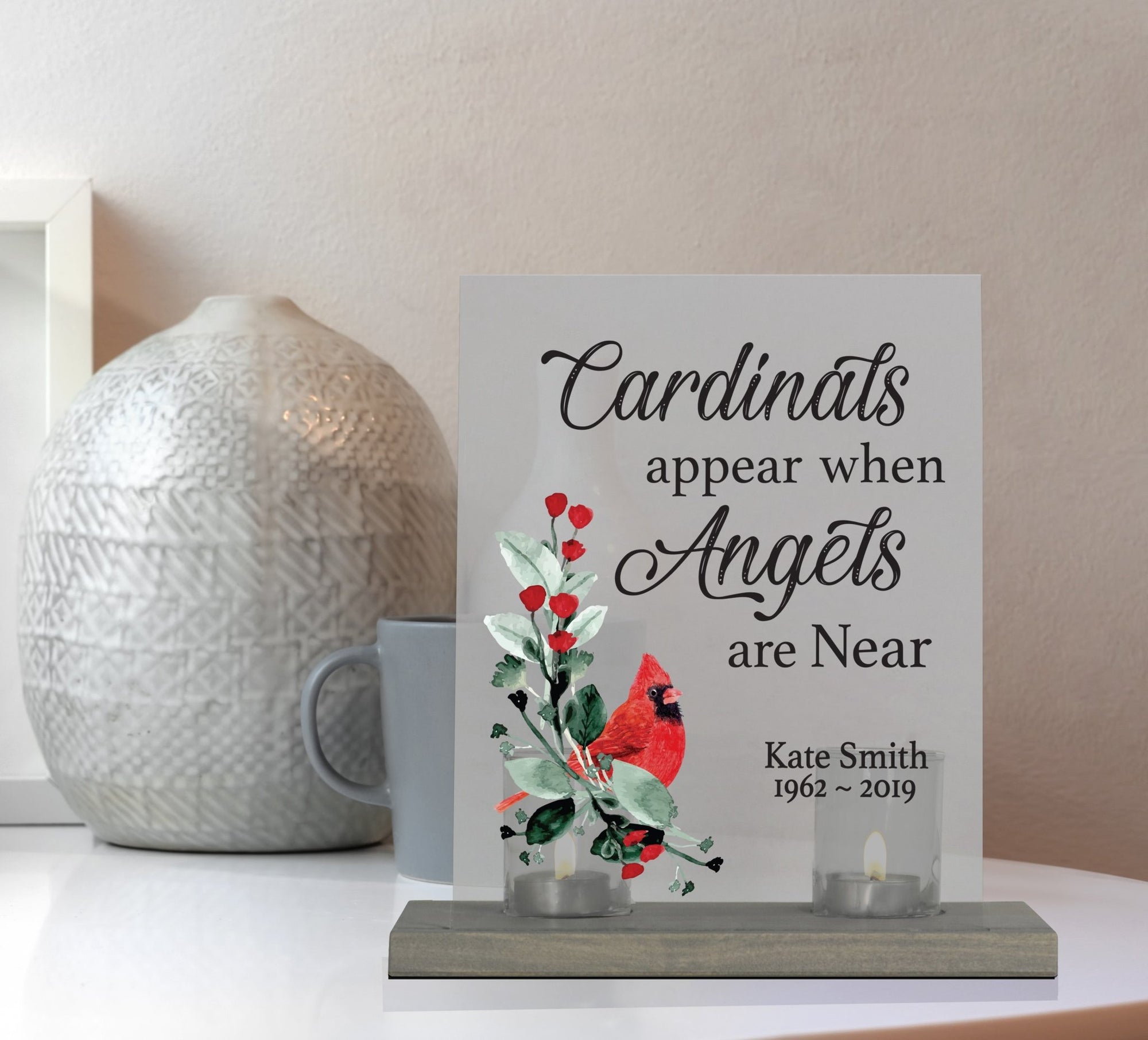 Custom Memorial Acrylic Sign with Base and Votive Candle Holder Cardinals Appear - LifeSong Milestones