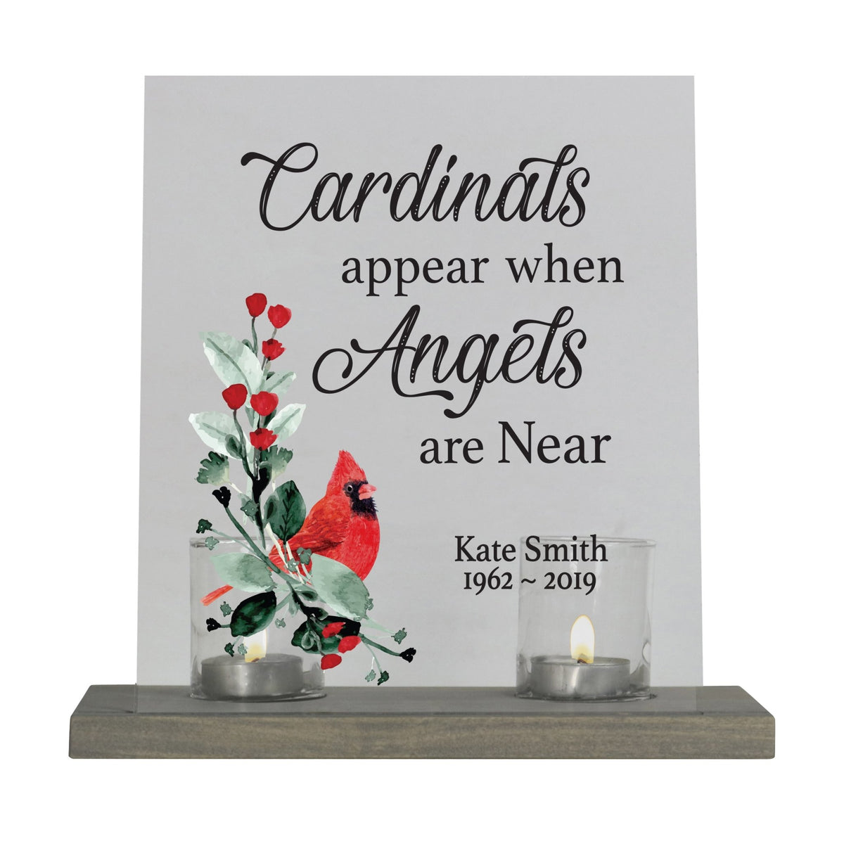Custom Memorial Acrylic Sign with Base and Votive Candle Holder Cardinals Appear - LifeSong Milestones
