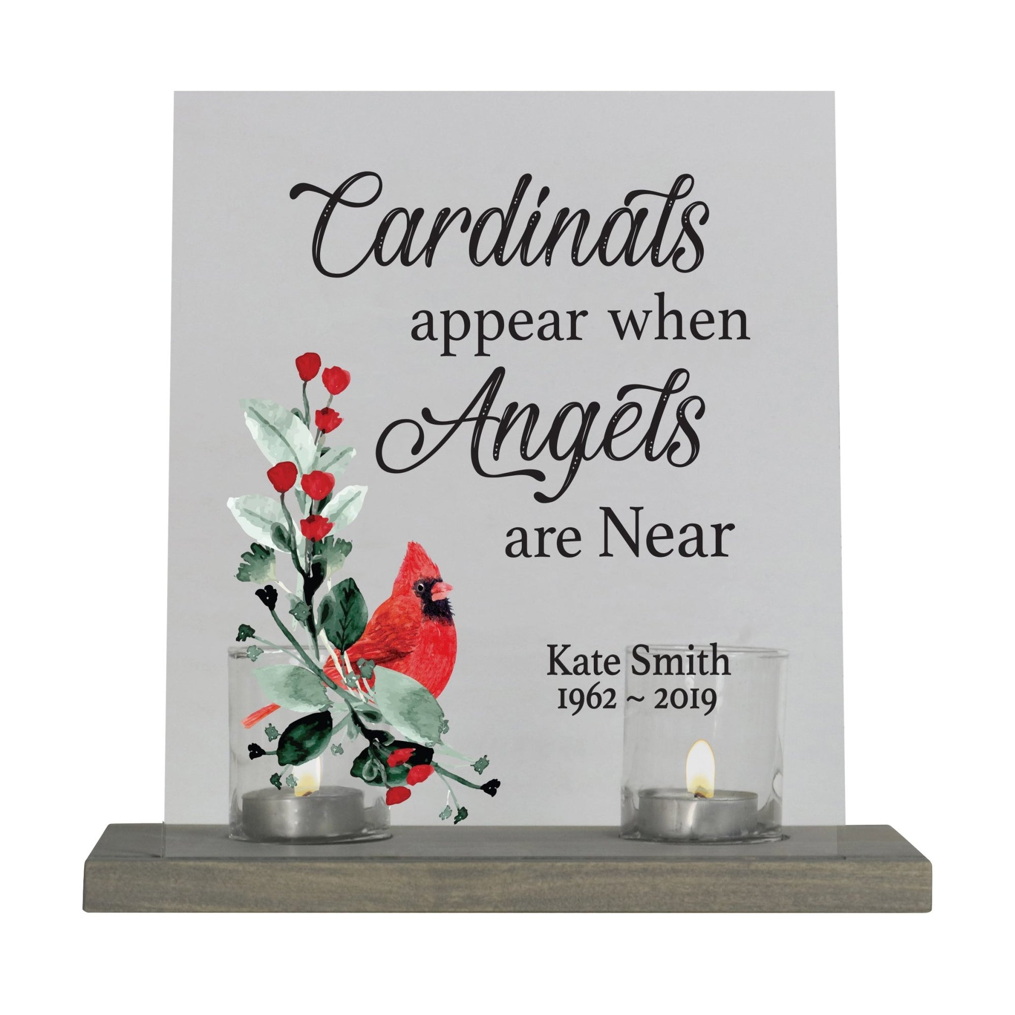 Custom Memorial Acrylic Sign with Base and Votive Candle Holder Cardinals Appear - LifeSong Milestones