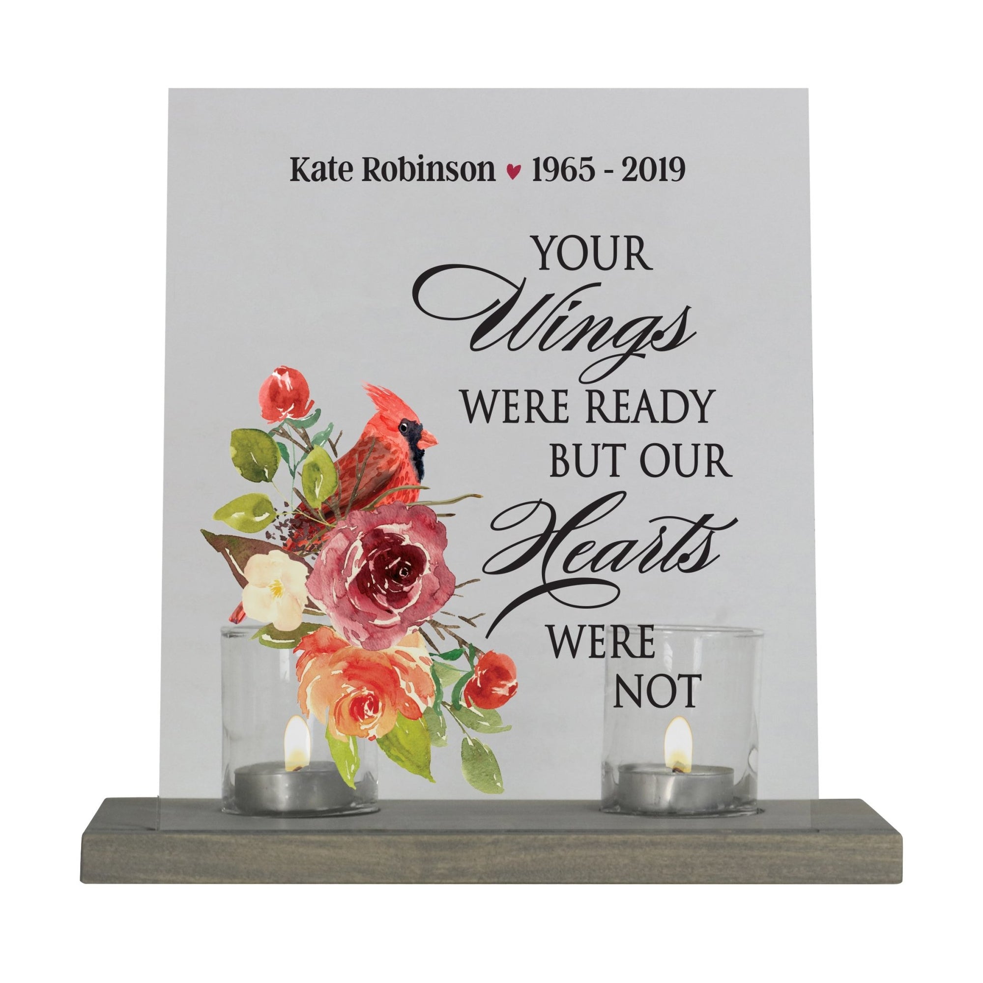 Custom Memorial Acrylic Sign with Base and Votive Candle Holder Your Wings - LifeSong Milestones