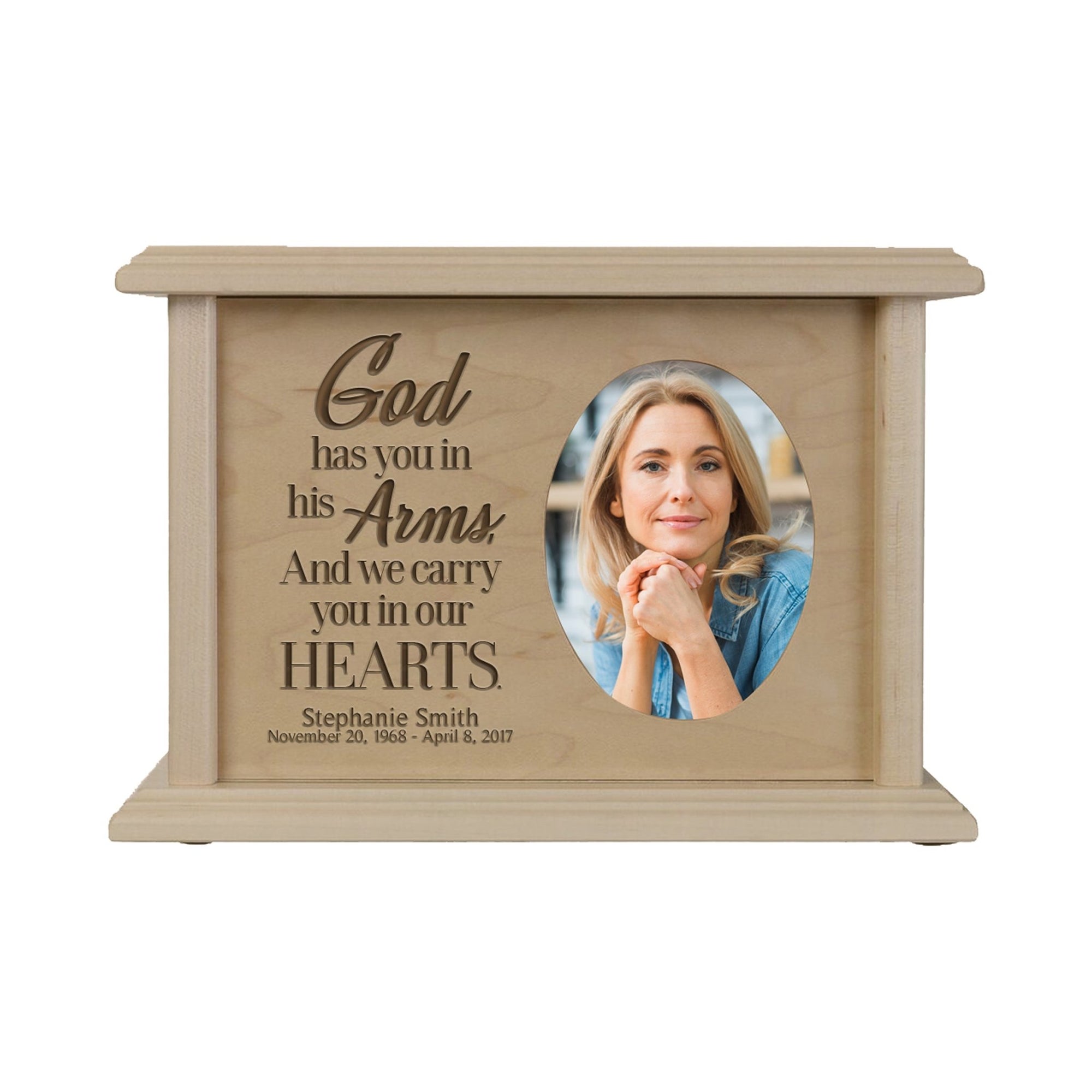 Custom Memorial Cremation Urn Box for Human Ashes holds 2x3 photo and 65 cu in God Has You - LifeSong Milestones