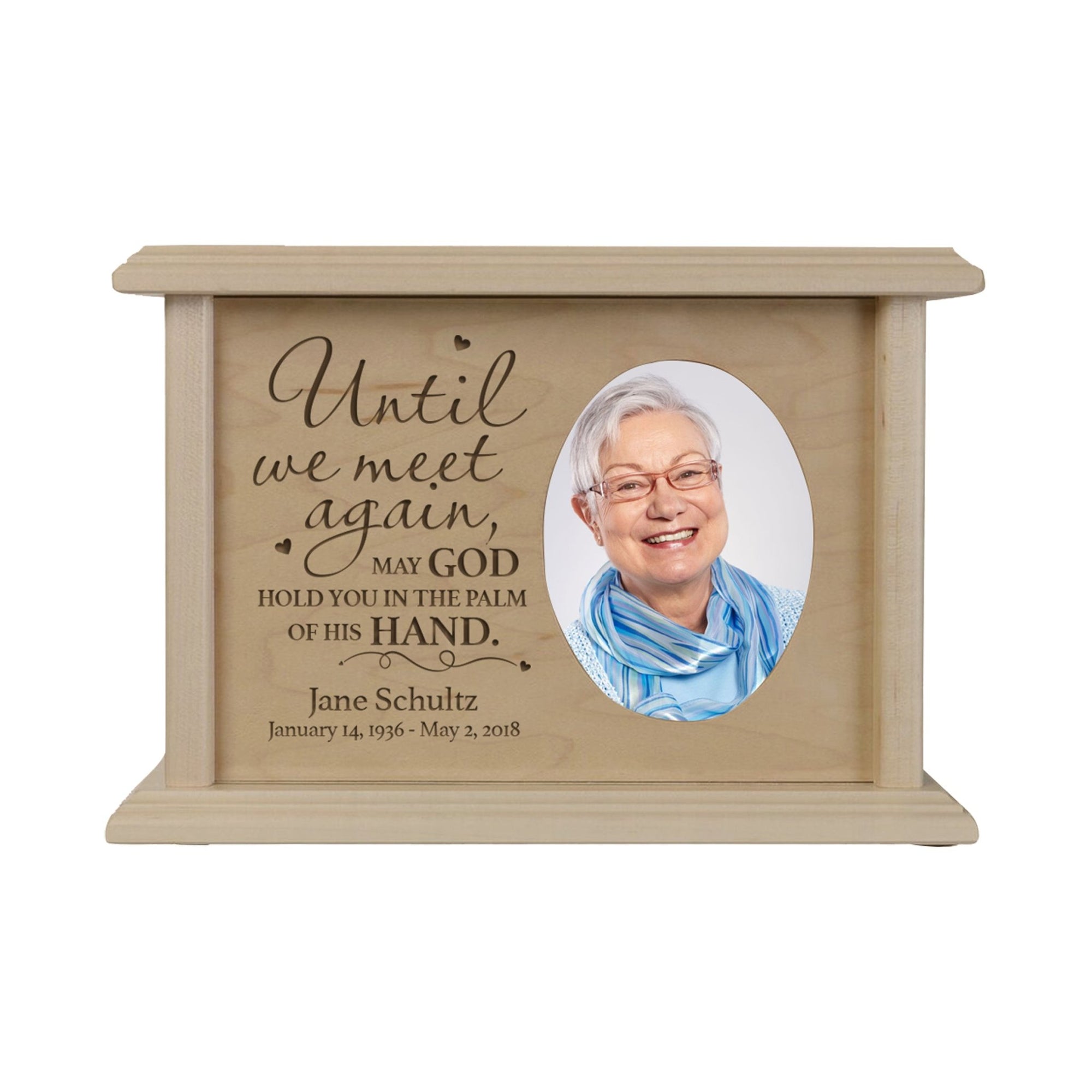 Custom Memorial Cremation Urn Box for Human Ashes holds 2x3 photo and 65 cu in Until We Meet Again - LifeSong Milestones