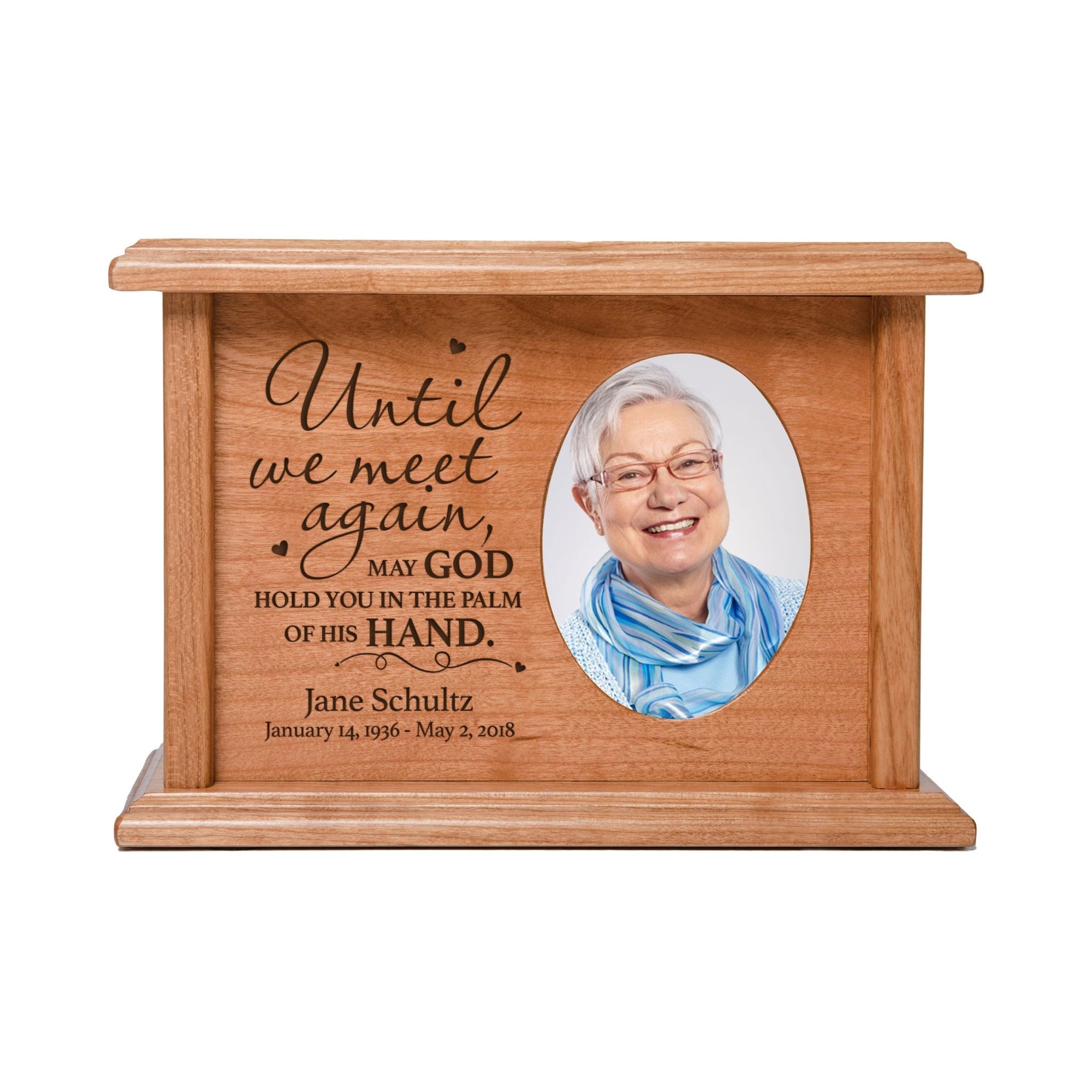 Custom Memorial Cremation Urn Box for Human Ashes holds 2x3 photo and 65 cu in Until We Meet Again - LifeSong Milestones