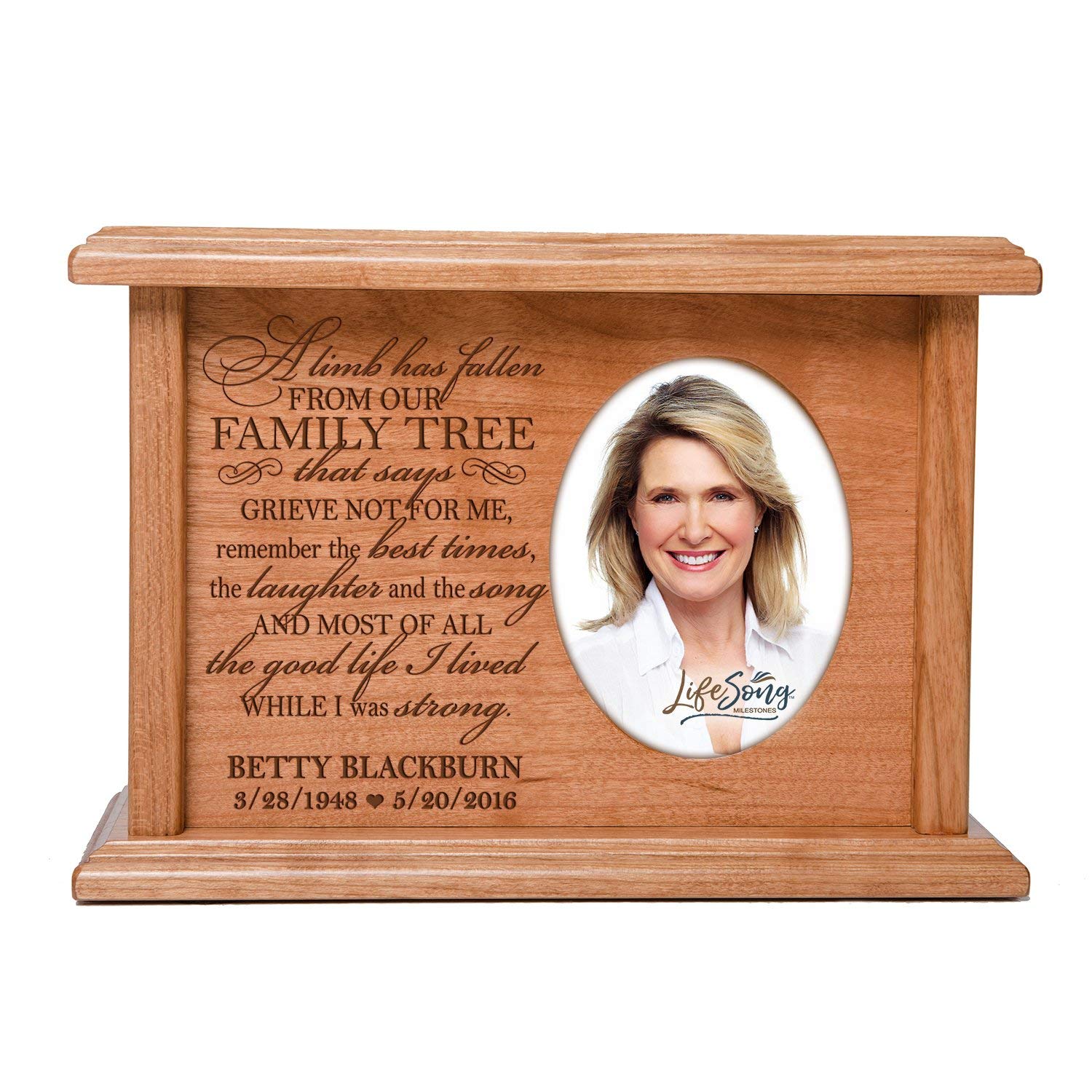 Custom Memorial Cremation Urn Box for Human Ashes holds 2x3 photo and holds 65 cu in A Limb Has Fallen - LifeSong Milestones