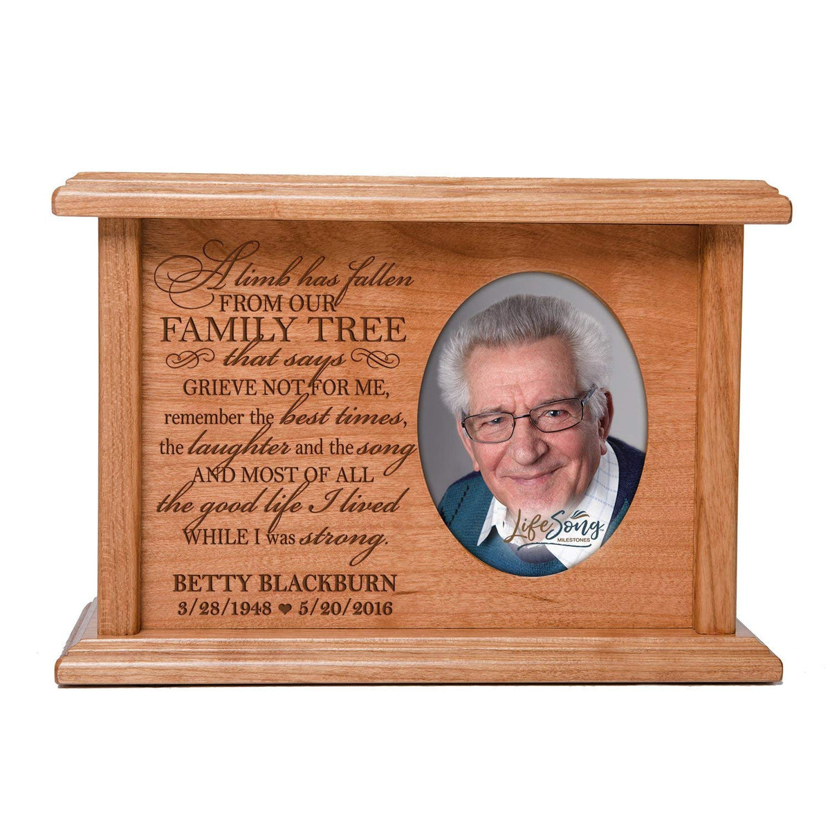 Custom Memorial Cremation Urn Box for Human Ashes holds 2x3 photo and holds 65 cu in A Limb Has Fallen - LifeSong Milestones