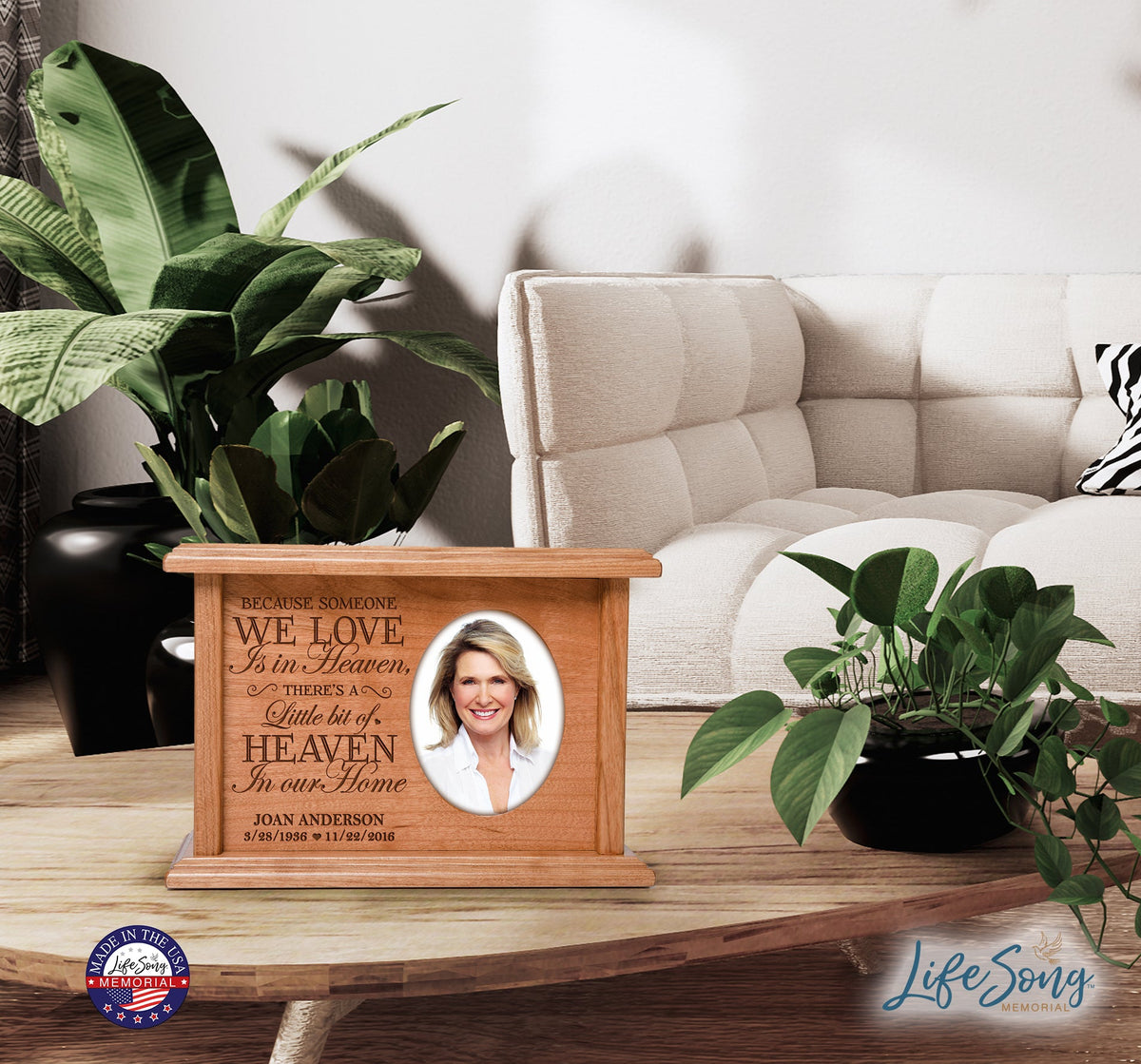 Custom Memorial Cremation Urn Box for Human Ashes holds 2x3 photo and holds 65 cu in Because Someone We Love - LifeSong Milestones