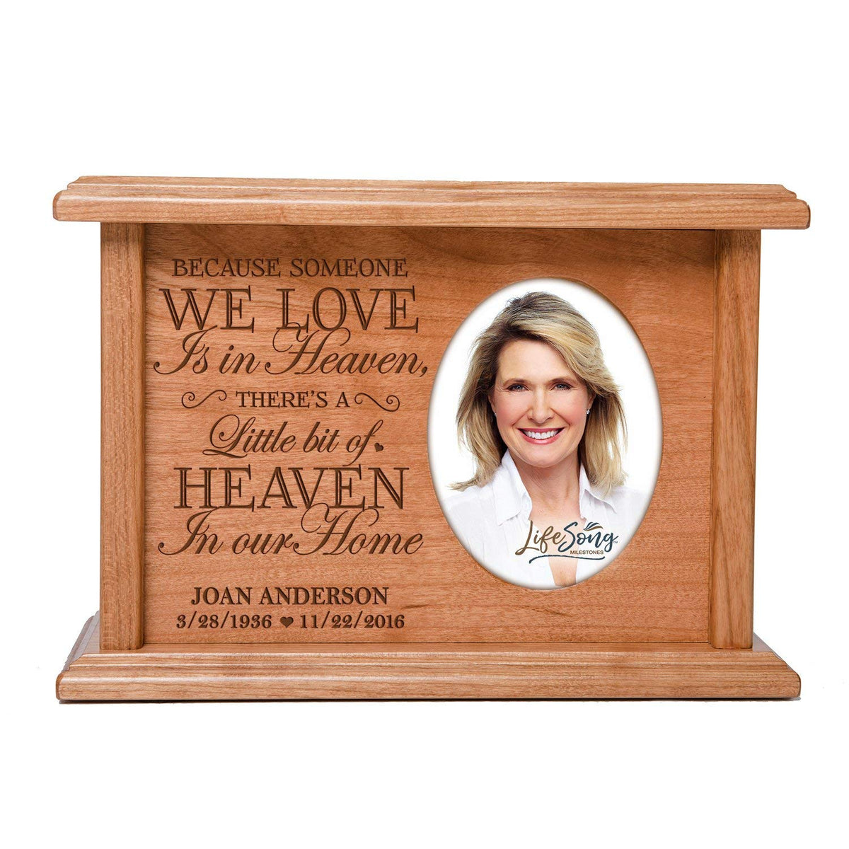 Custom Memorial Cremation Urn Box for Human Ashes holds 2x3 photo and holds 65 cu in Because Someone We Love - LifeSong Milestones
