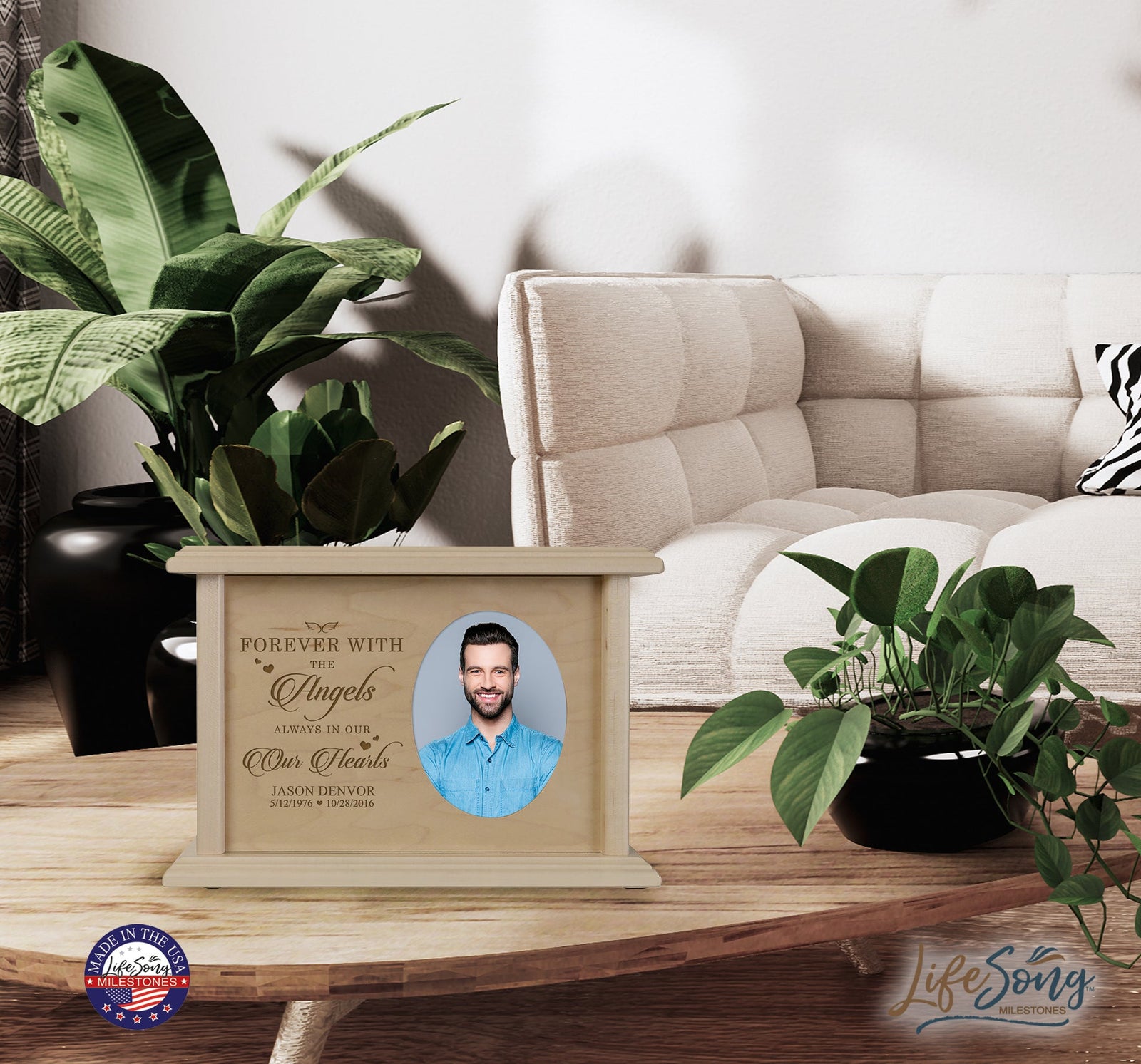 Custom Memorial Cremation Urn Box for Human Ashes holds 2x3 photo and holds 65 cu in Forever With The Angels - LifeSong Milestones