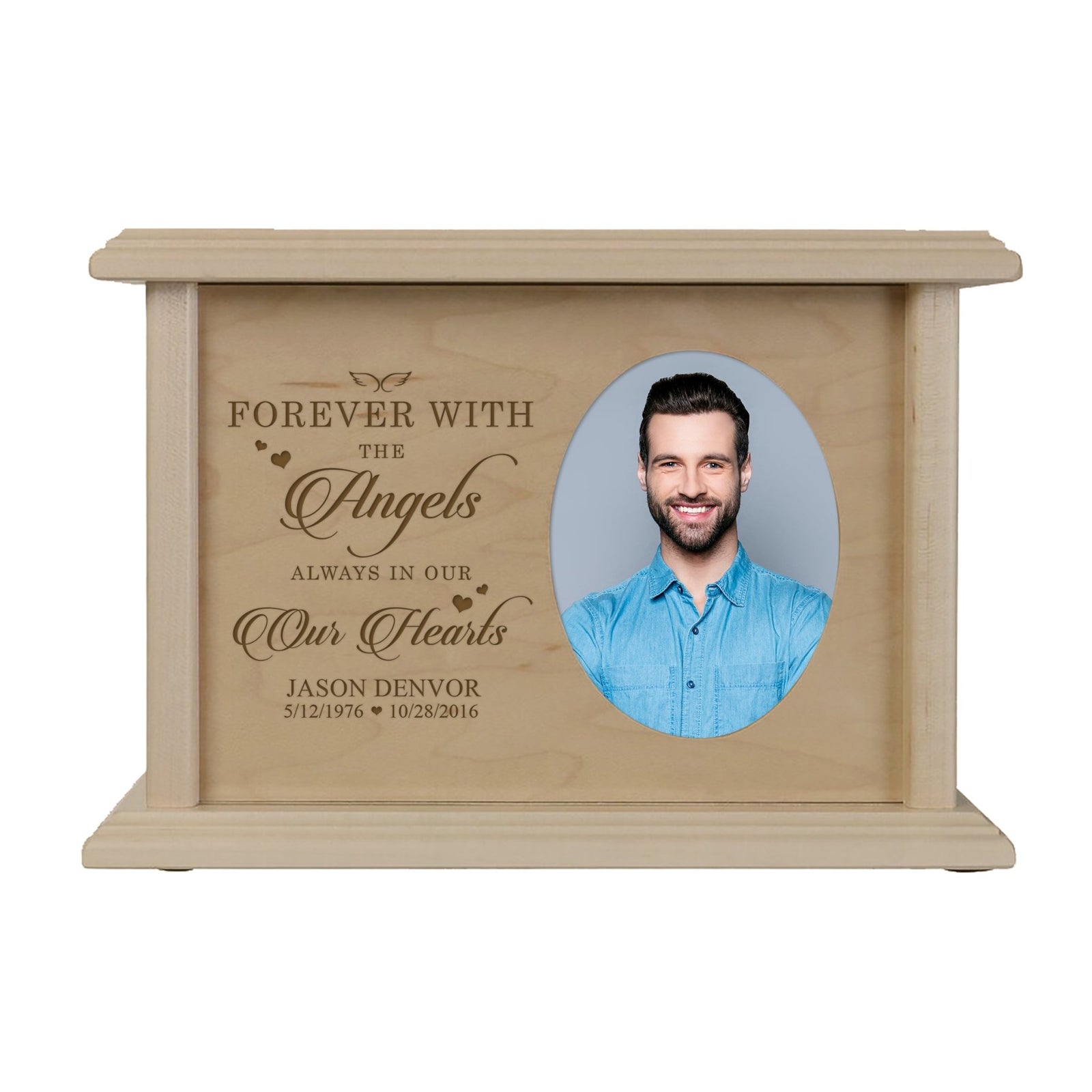 Custom Memorial Cremation Urn Box for Human Ashes holds 2x3 photo and holds 65 cu in Forever With The Angels - LifeSong Milestones