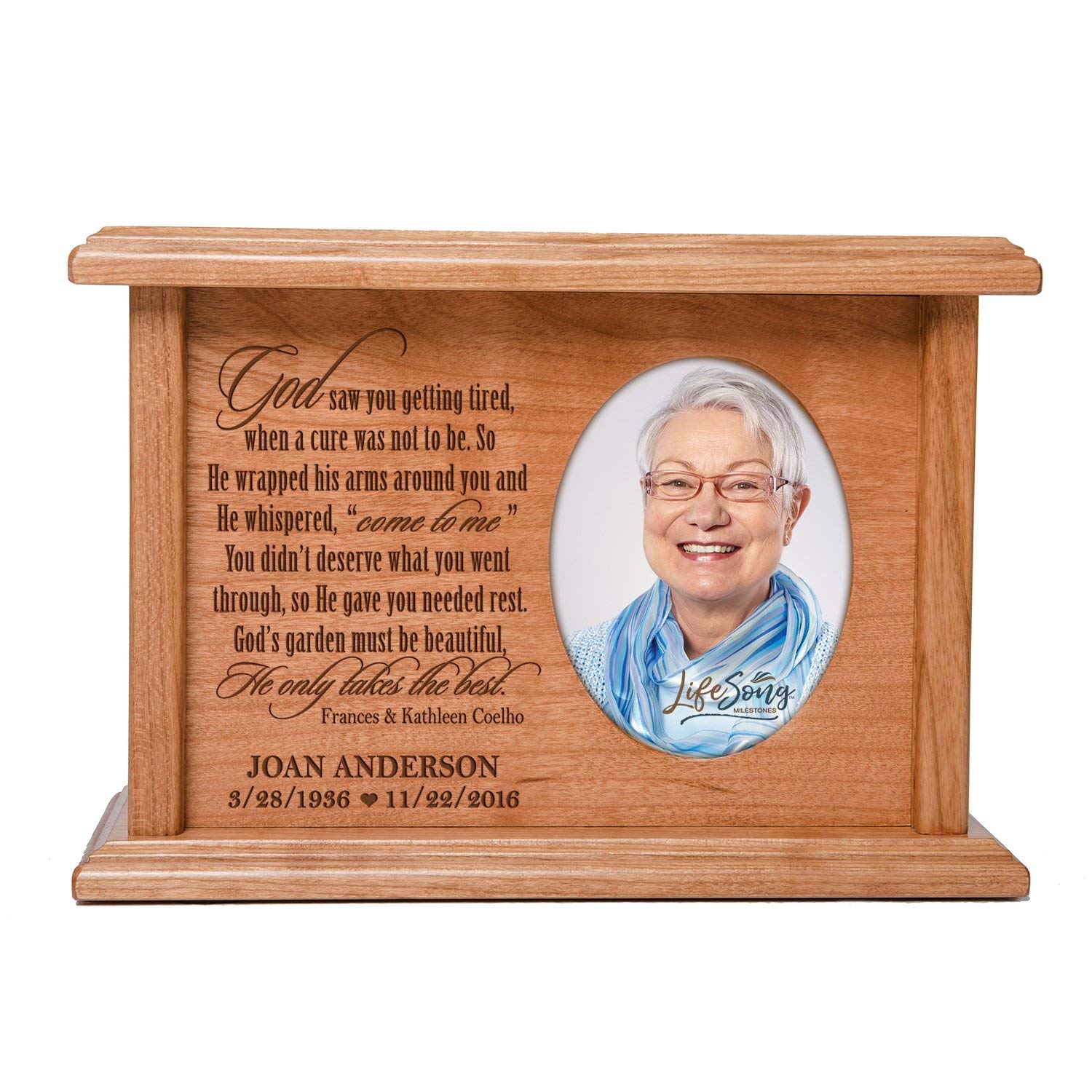 Custom Memorial Cremation Urn Box for Human Ashes holds 2x3 photo and holds 65 cu in God Saw You - LifeSong Milestones