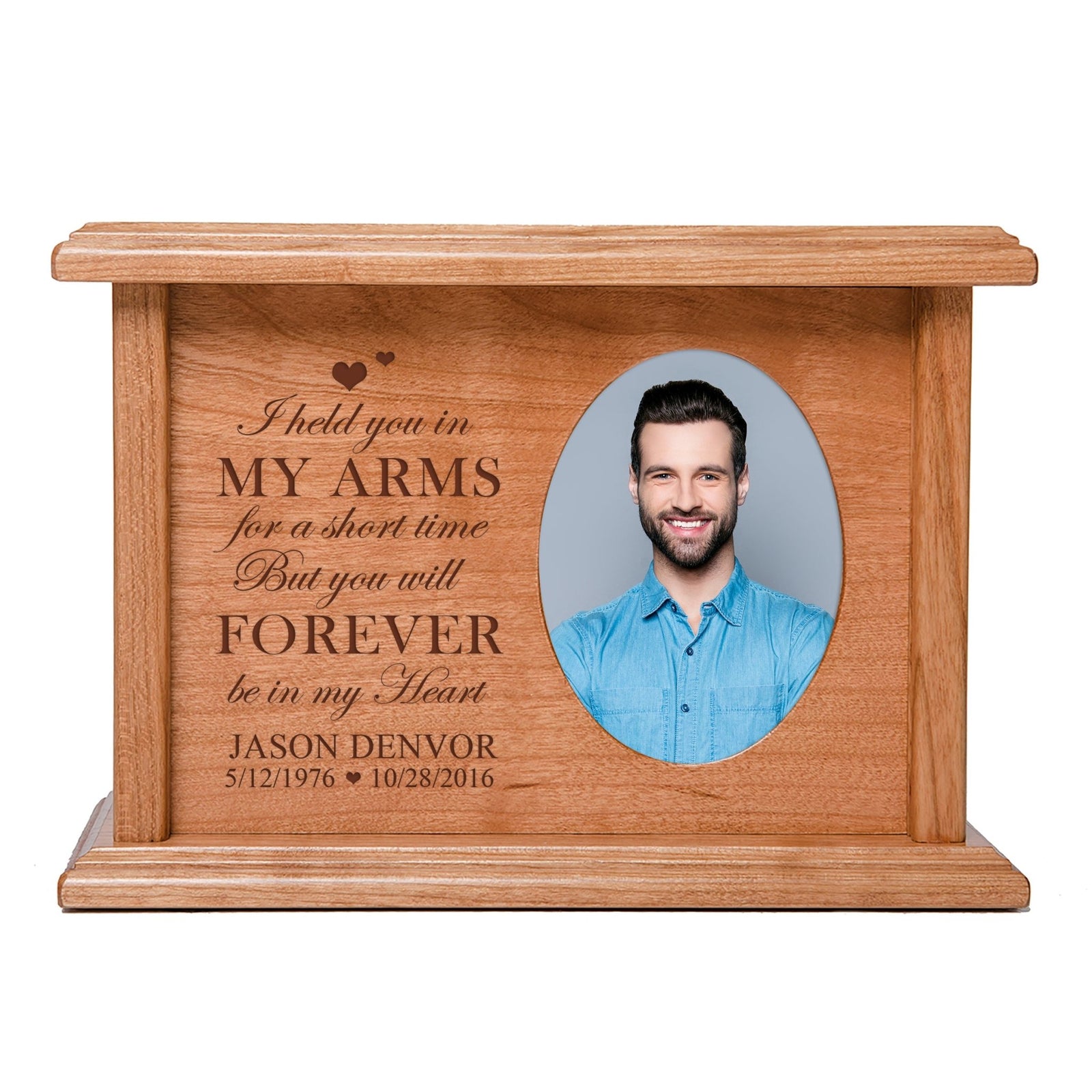 Custom Memorial Cremation Urn Box for Human Ashes holds 2x3 photo and holds 65 cu in I Held You - LifeSong Milestones