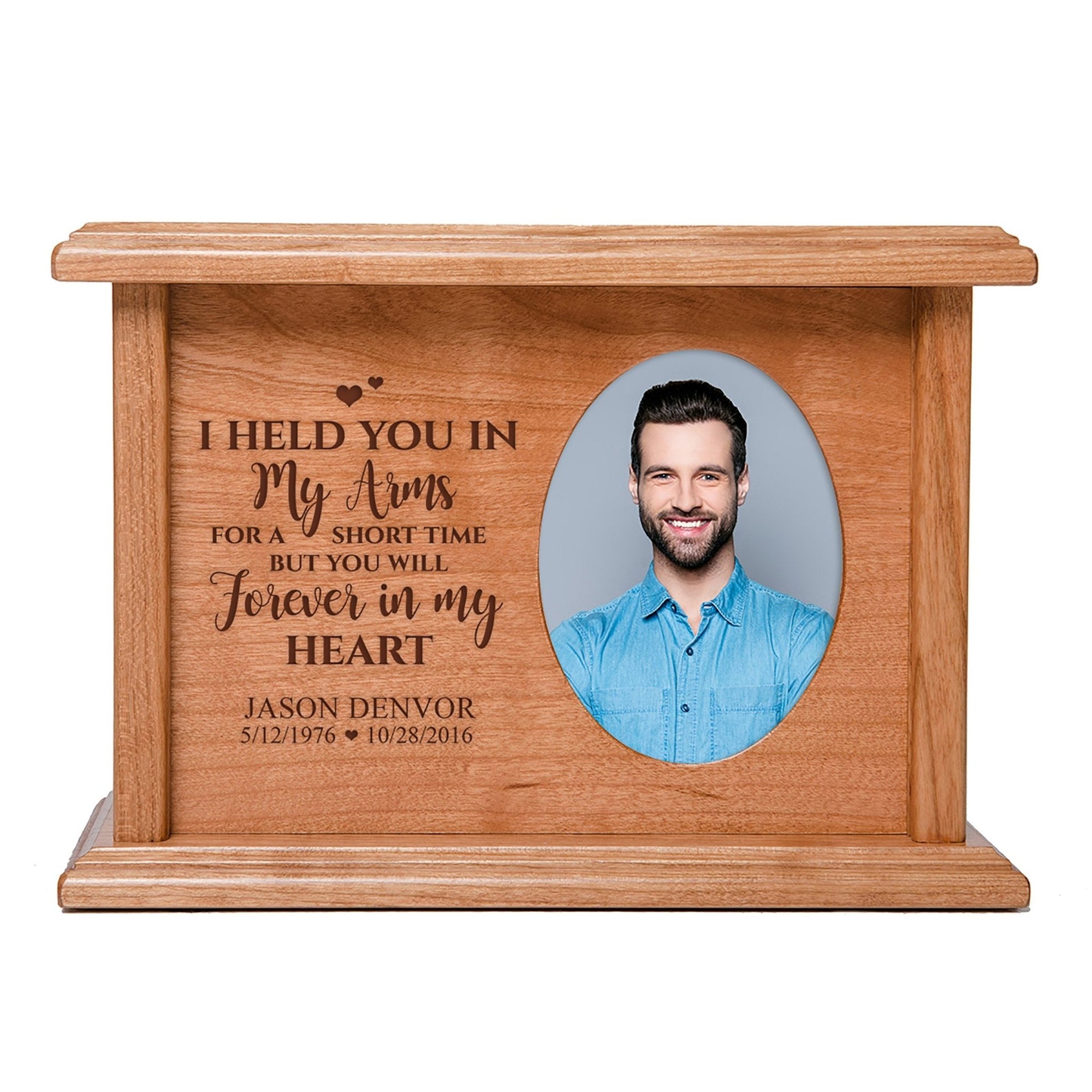 Custom Memorial Cremation Urn Box for Human Ashes holds 2x3 photo and holds 65 cu in I Held You In My Arms - LifeSong Milestones