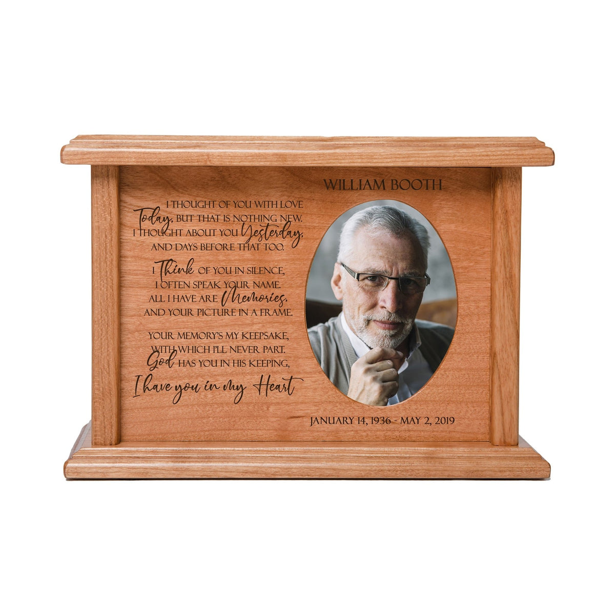 Custom Memorial Cremation Urn Box for Human Ashes holds 2x3 photo and holds 65 cu in I Thought Of You With Love - LifeSong Milestones