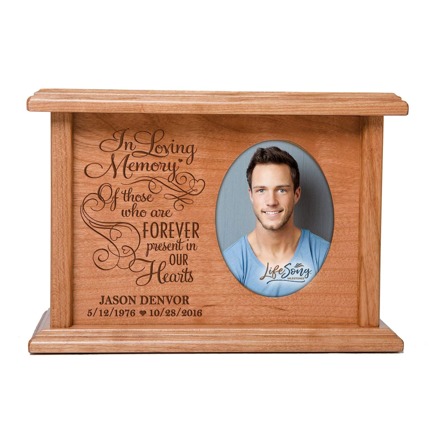 Custom Memorial Cremation Urn Box for Human Ashes holds 2x3 photo and holds 65 cu in In Loving Memory - LifeSong Milestones