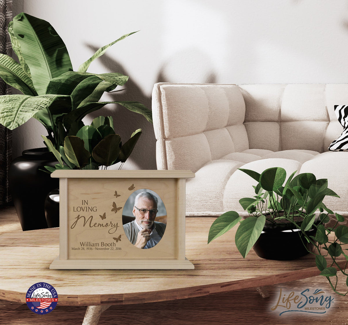 Custom Memorial Cremation Urn Box for Human Ashes holds 2x3 photo and holds 65 cu in In Loving Memory (butterflies) - LifeSong Milestones