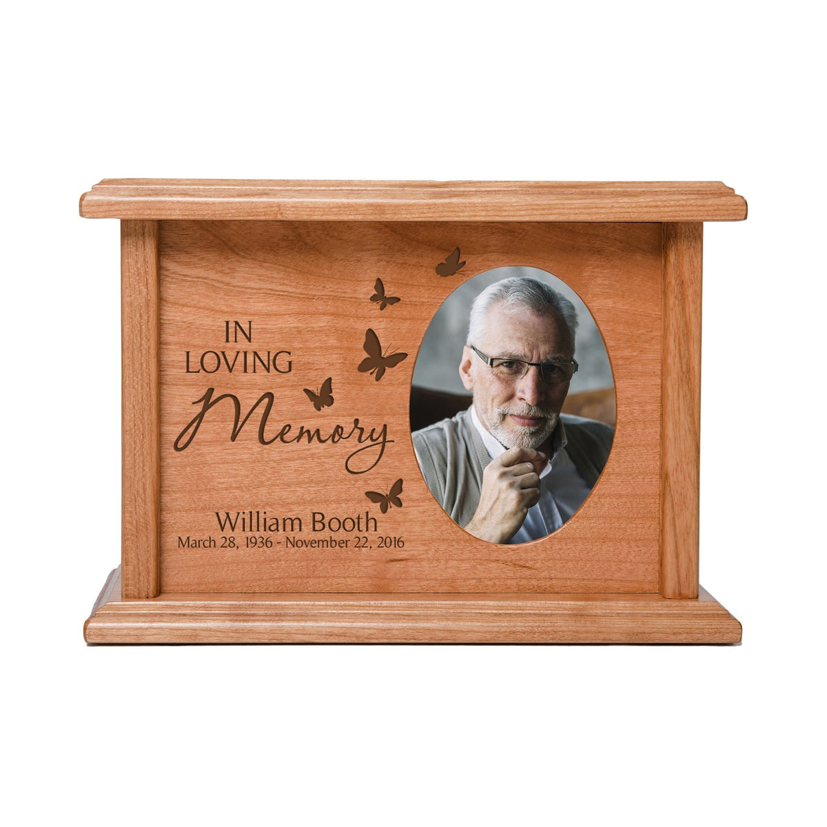 Custom Memorial Cremation Urn Box for Human Ashes holds 2x3 photo and holds 65 cu in In Loving Memory (butterflies) - LifeSong Milestones