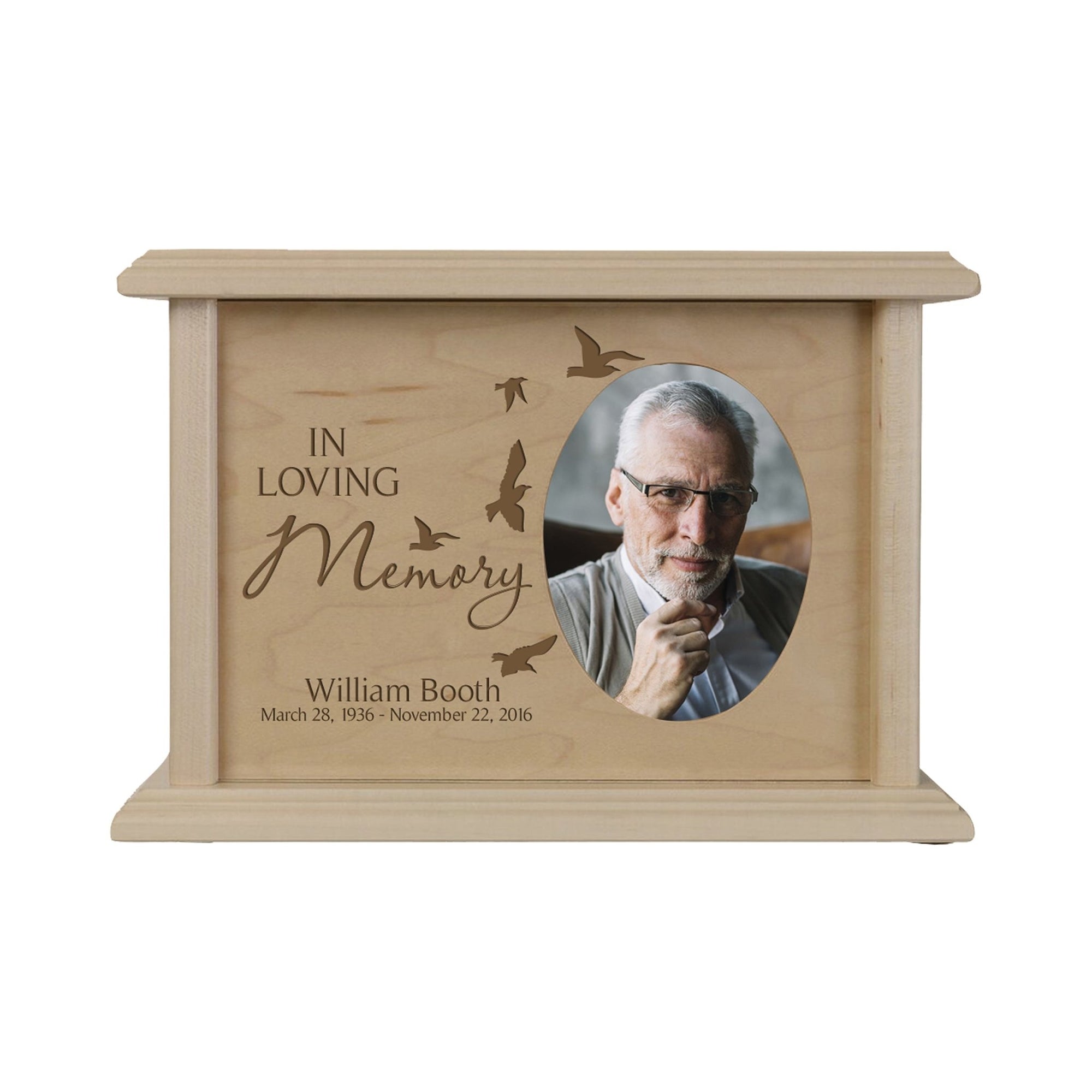 Custom Memorial Cremation Urn Box for Human Ashes holds 2x3 photo and holds 65 cu in In Loving Memory (dove) - LifeSong Milestones