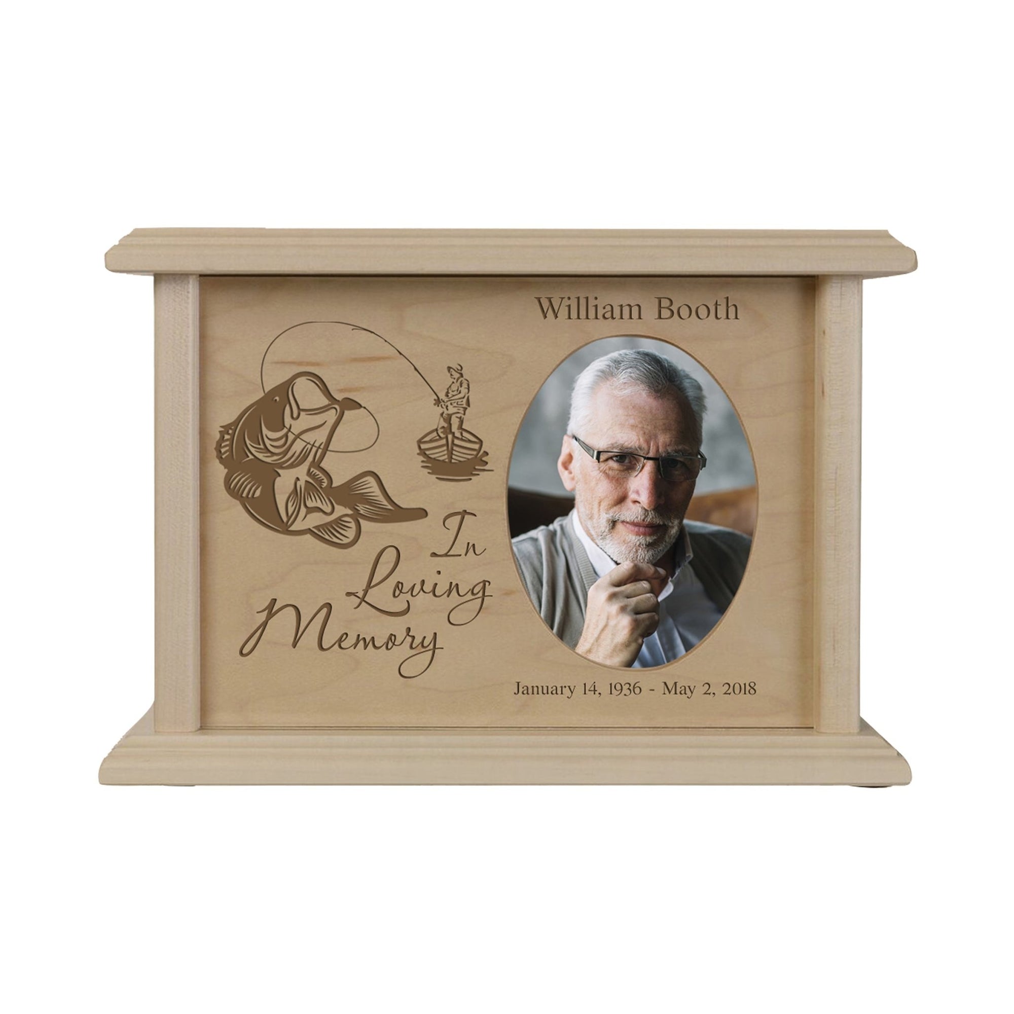 Custom Memorial Cremation Urn Box for Human Ashes holds 2x3 photo and holds 65 cu in In Loving Memory (fisherman) - LifeSong Milestones
