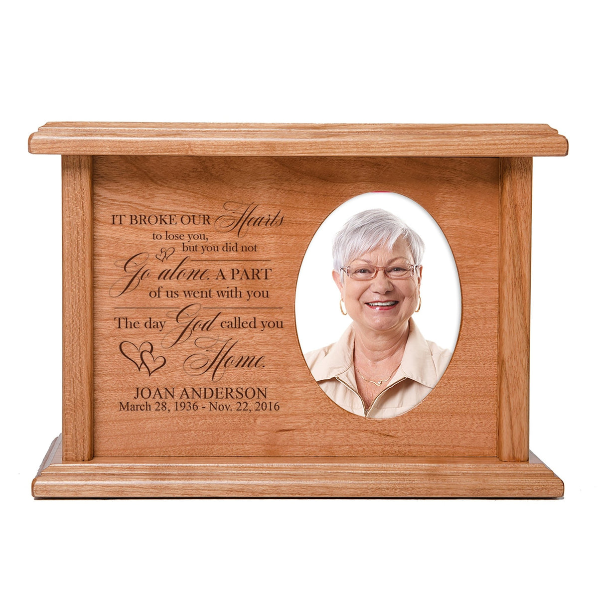 Custom Memorial Cremation Urn Box for Human Ashes holds 2x3 photo and holds 65 cu in It Broke Our Hearts - LifeSong Milestones