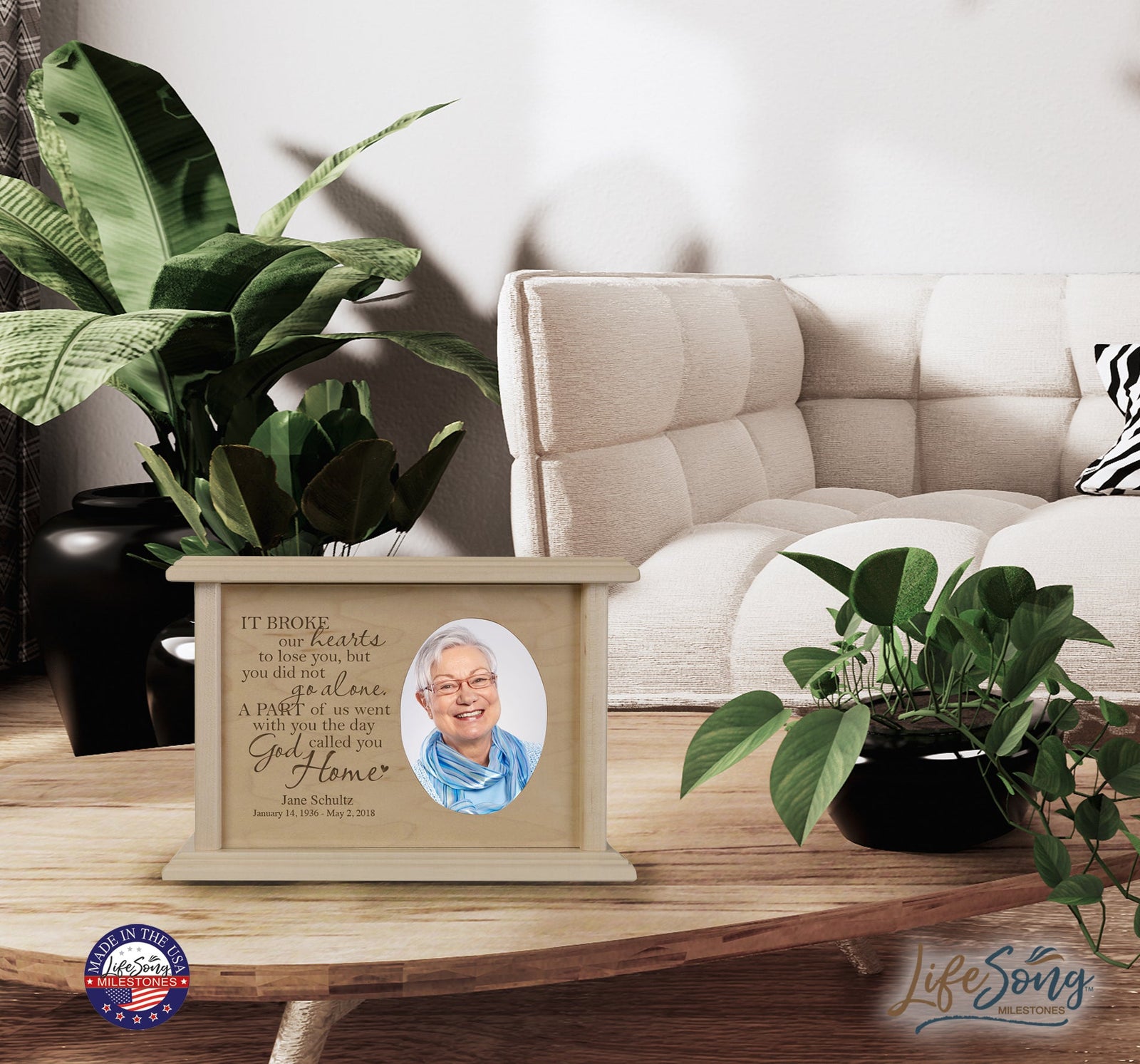 Custom Memorial Cremation Urn Box for Human Ashes holds 2x3 photo and holds 65 cu in It Broke Our Hearts - LifeSong Milestones