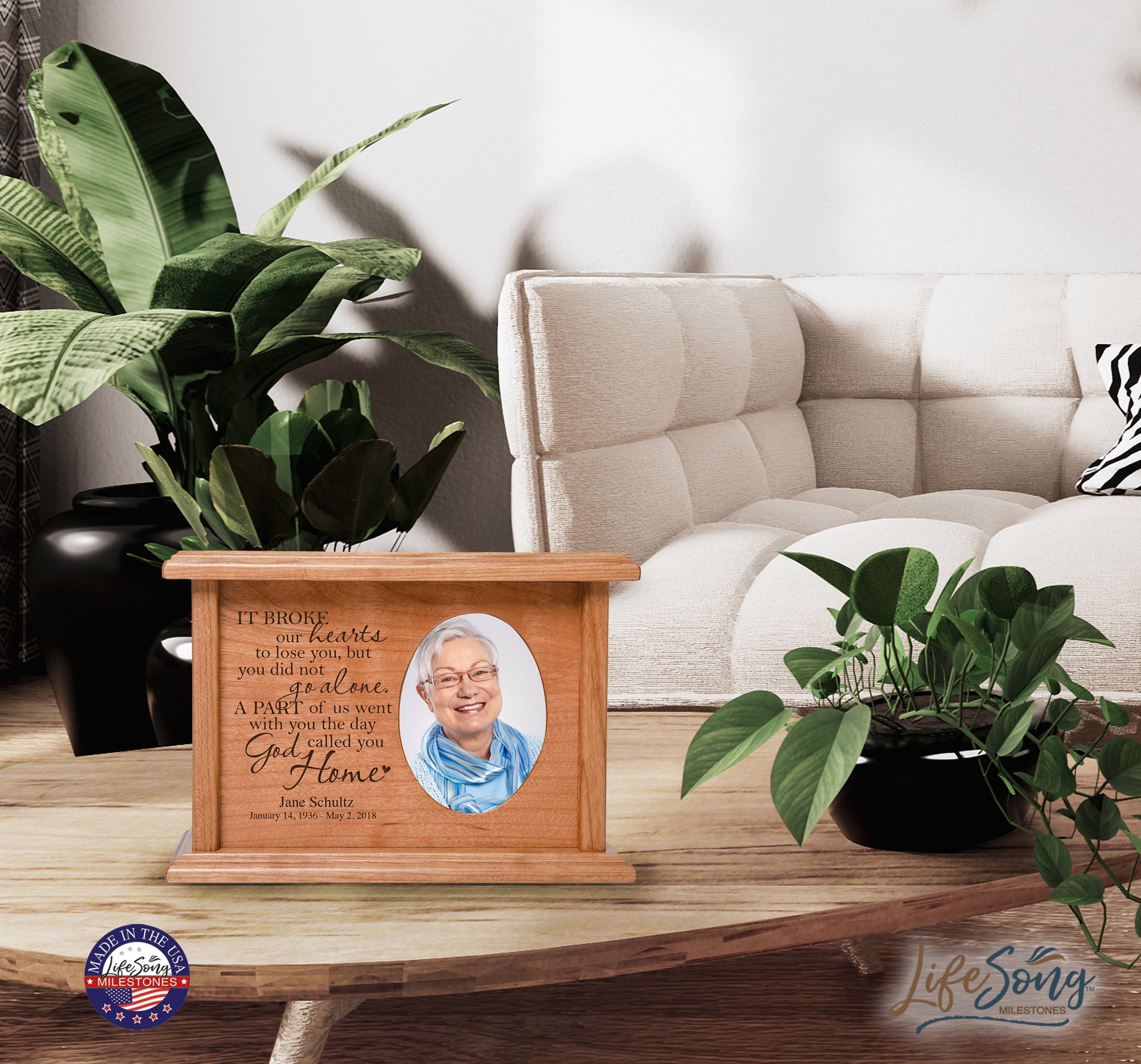 Custom Memorial Cremation Urn Box for Human Ashes holds 2x3 photo and holds 65 cu in It Broke Our Hearts - LifeSong Milestones