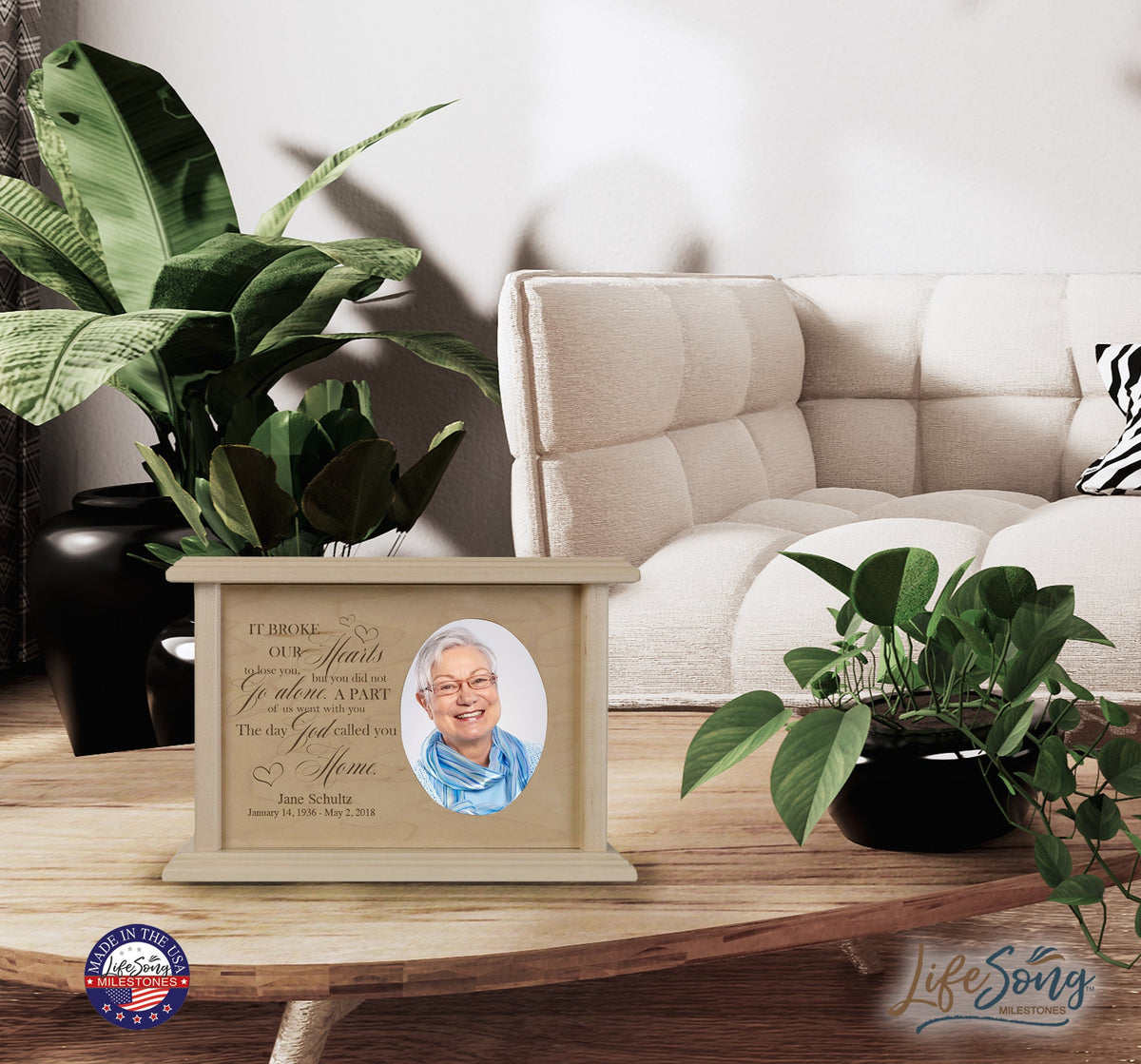 Custom Memorial Cremation Urn Box for Human Ashes holds 2x3 photo and holds 65 cu in It Broke Our Hearts (hearts) - LifeSong Milestones