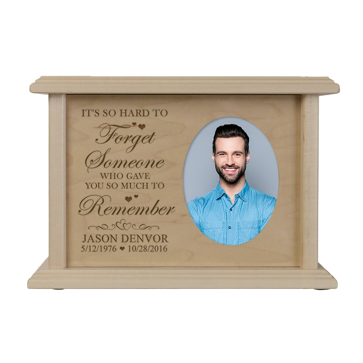 Custom Memorial Cremation Urn Box for Human Ashes holds 2x3 photo and holds 65 cu in It&#39;s So Hard To Forget - LifeSong Milestones
